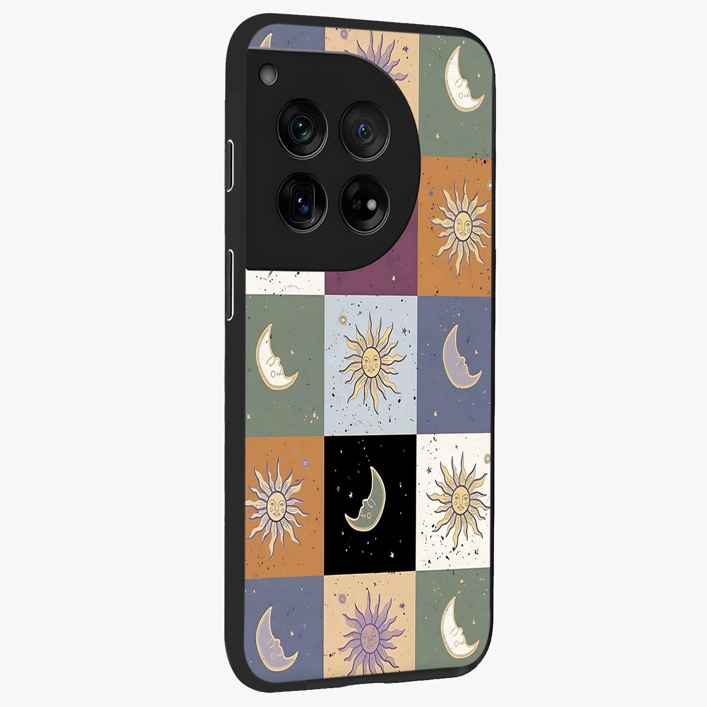 Celestial Patchwork Dreams Glass Case for 1+12 side perspective highlighting vibrant patchwork detailing and sleek edges