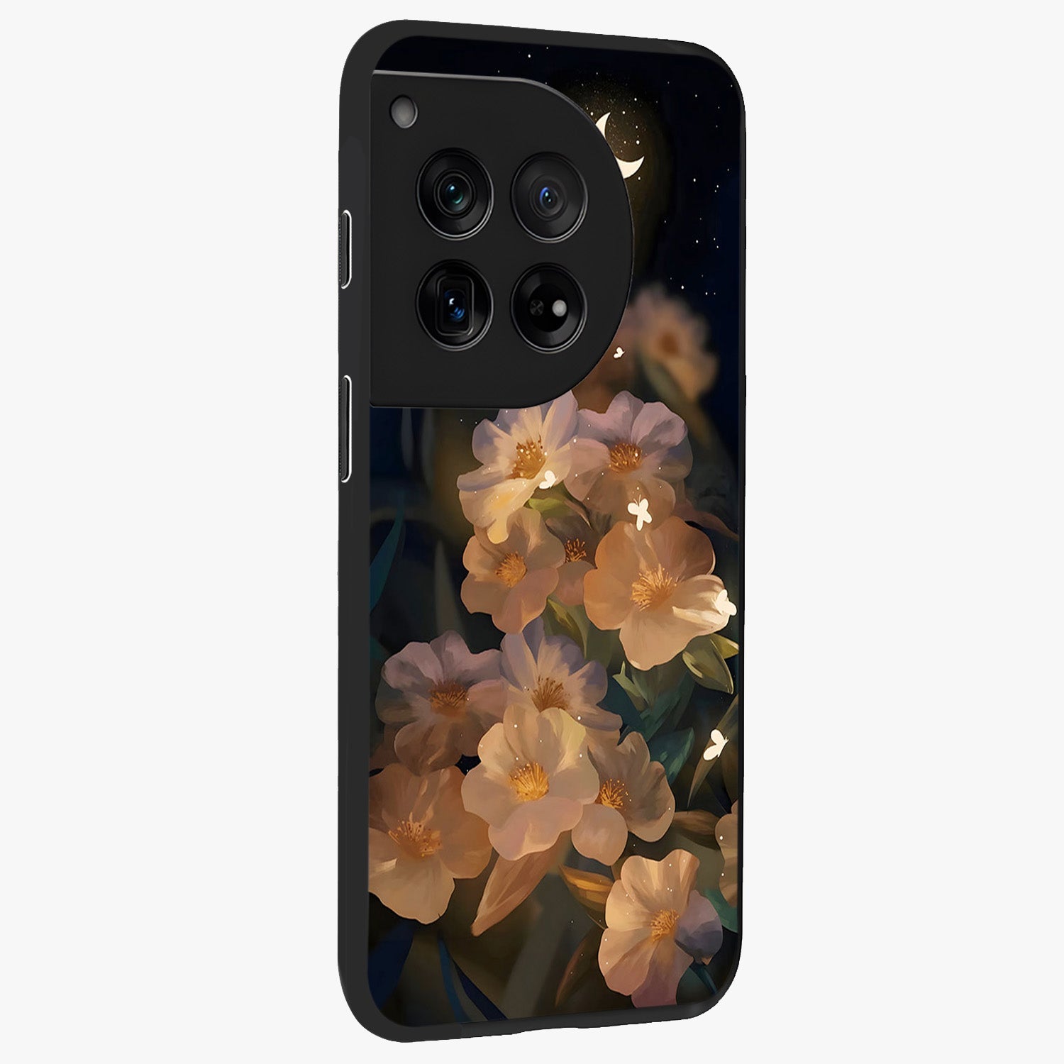 Celestial Petal Night Glass Case for 1+12 side perspective highlighting delicate petal details and premium edges