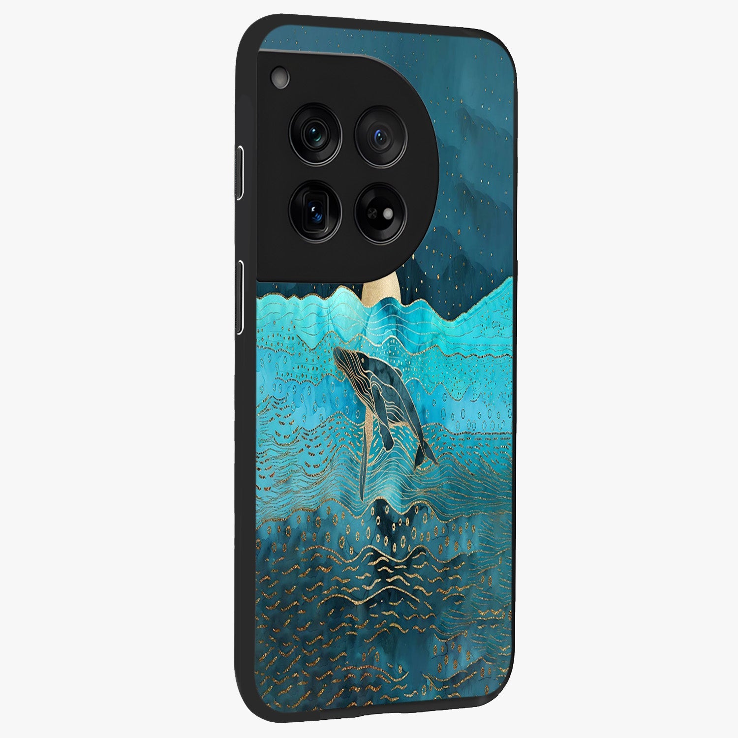 Celestial Whale Voyage Glass Case for 1+12 side perspective highlighting flowing whale illustration and premium detailing