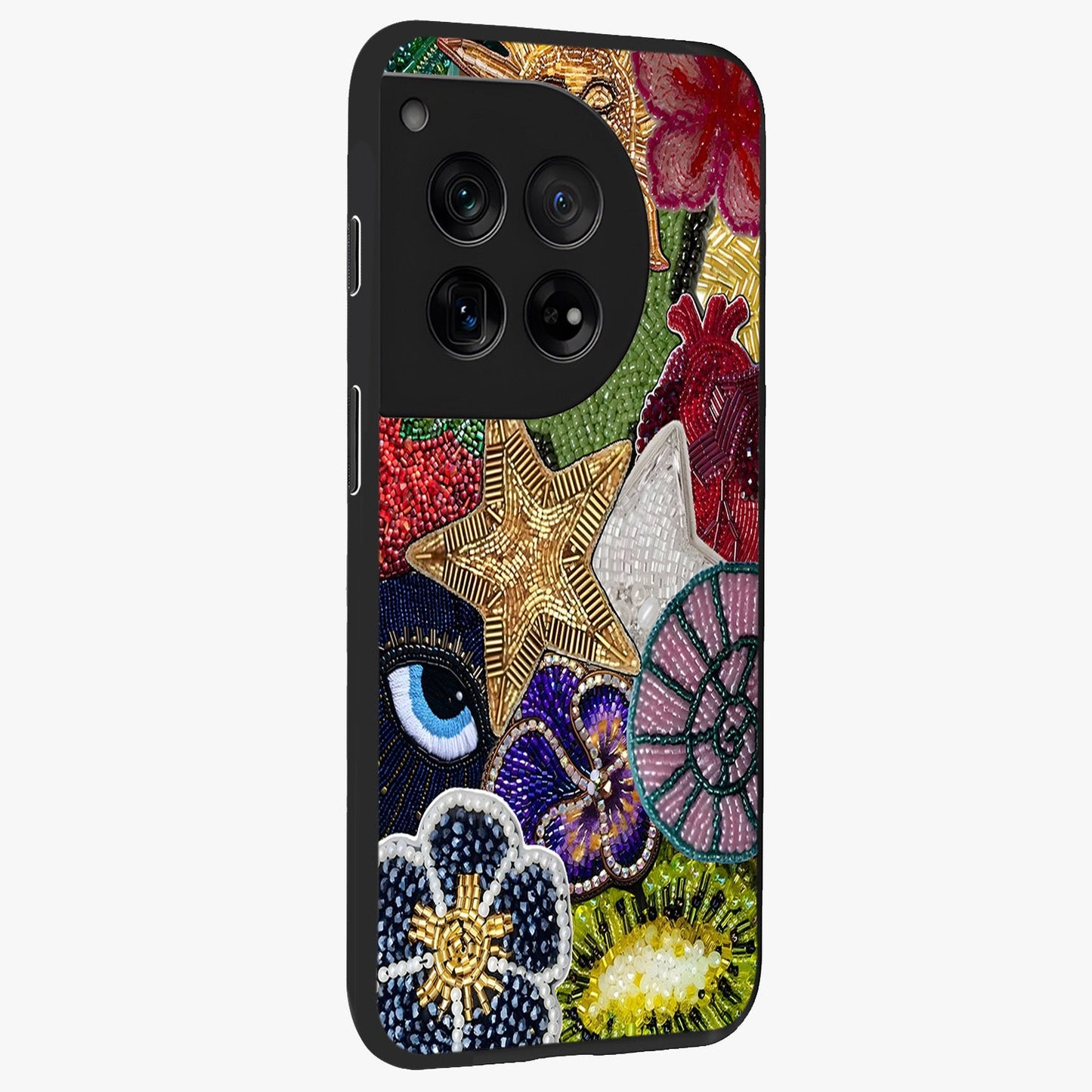 Cosmic Charm Shine Glass Case for 1+12 side perspective highlighting luminous detailing and sleek edge design