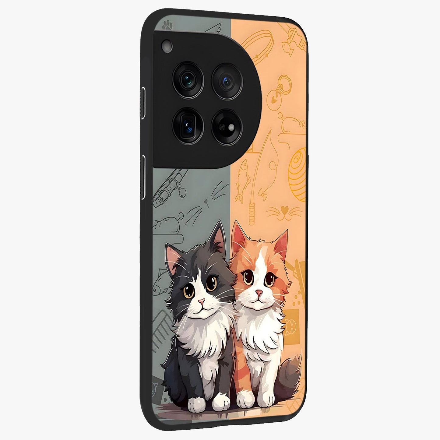 Cozy Cat Duo Glass Case for 1+12 side perspective highlighting playful cat detailing and sleek edges
