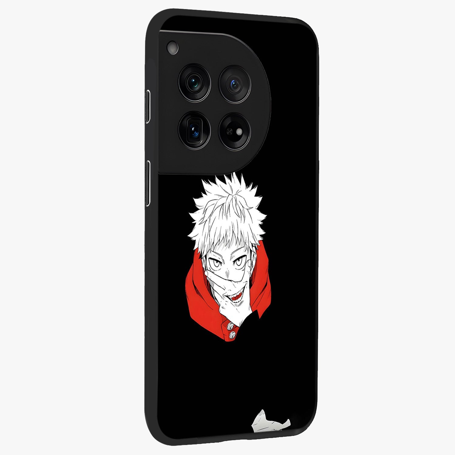 Crimson Chaos Smile Glass Case for 1+12 side perspective highlighting intense color contrast and sleek edges