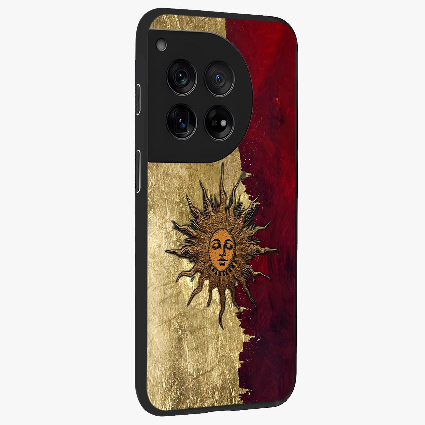 Crimson Sun Majesty Glass Case for 1+12 side perspective highlighting vibrant sun detailing and smooth edges