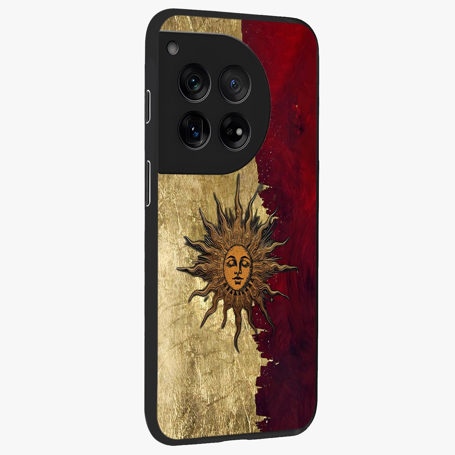 Crimson Sun Majesty Glass Case for 1+12 side perspective highlighting vibrant sun detailing and smooth edges