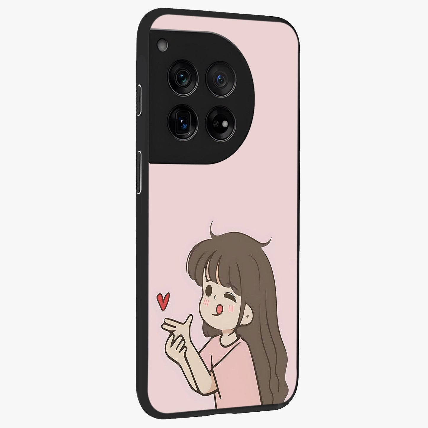 Cute Kiss Heart Glass Case for 1+12 side perspective highlighting delicate heart detailing and premium edge finish