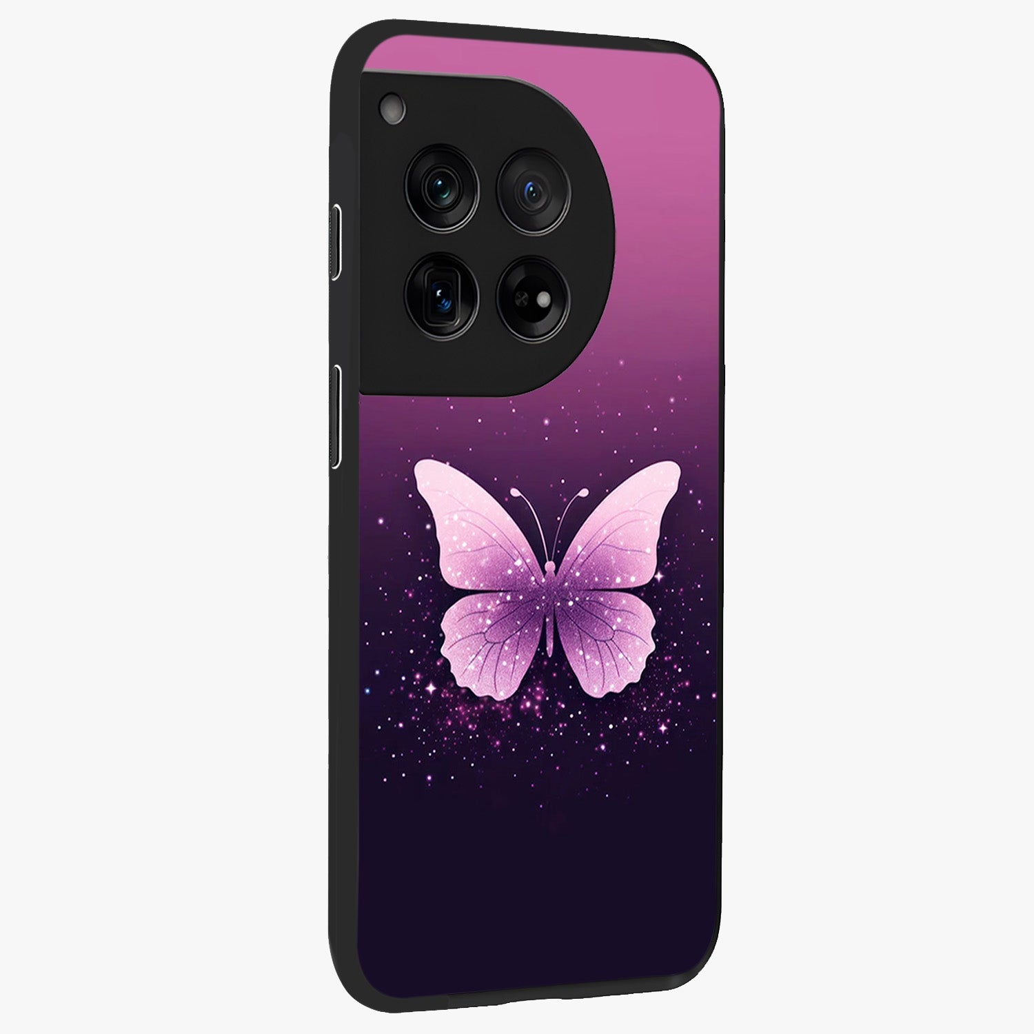 Cute Starry Butterfly Glass Case for 1+12 side perspective highlighting glowing star details and sleek edge finish