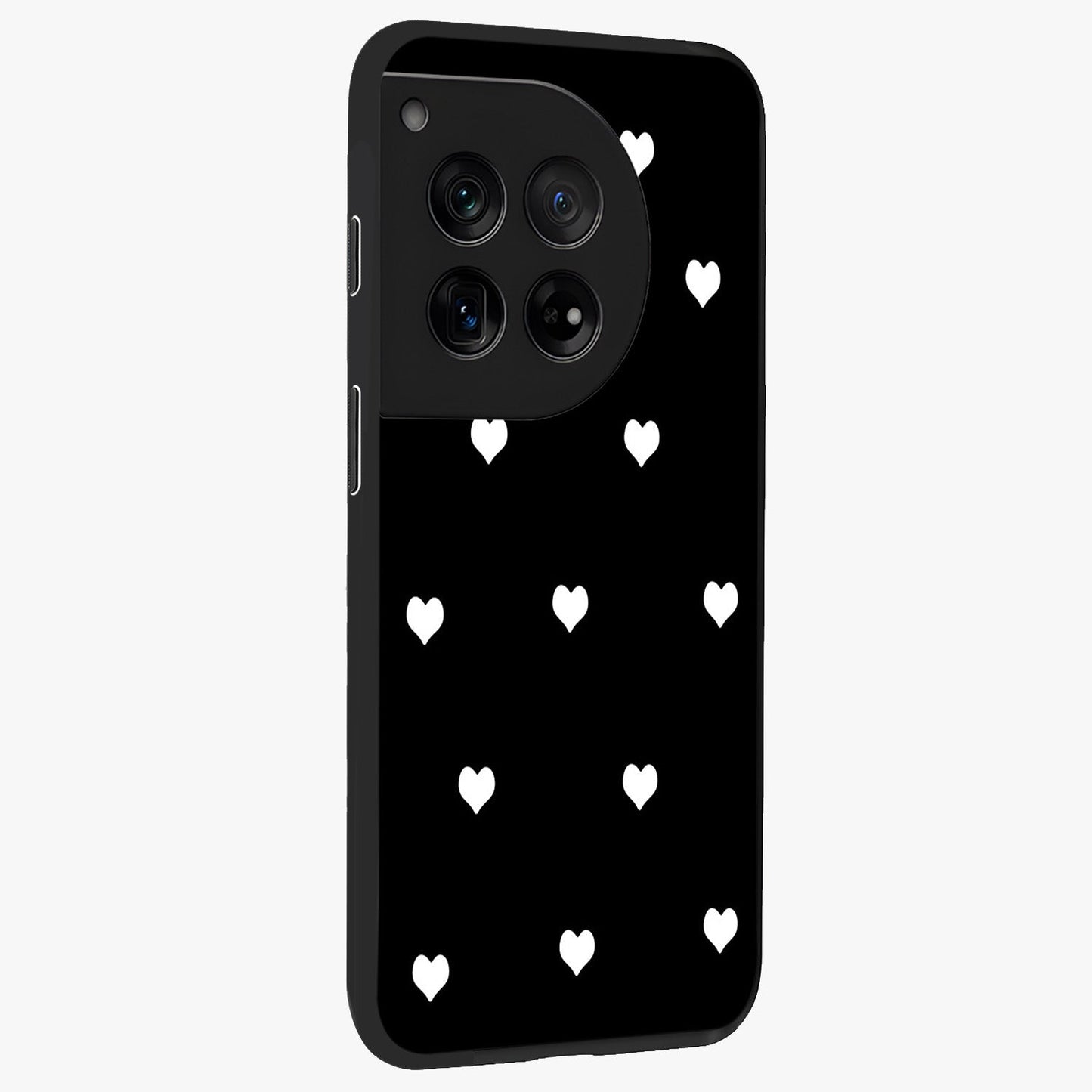 Cute Simple White Hearts Glass Case for 1+12 side perspective highlighting dramatic contrast and premium build