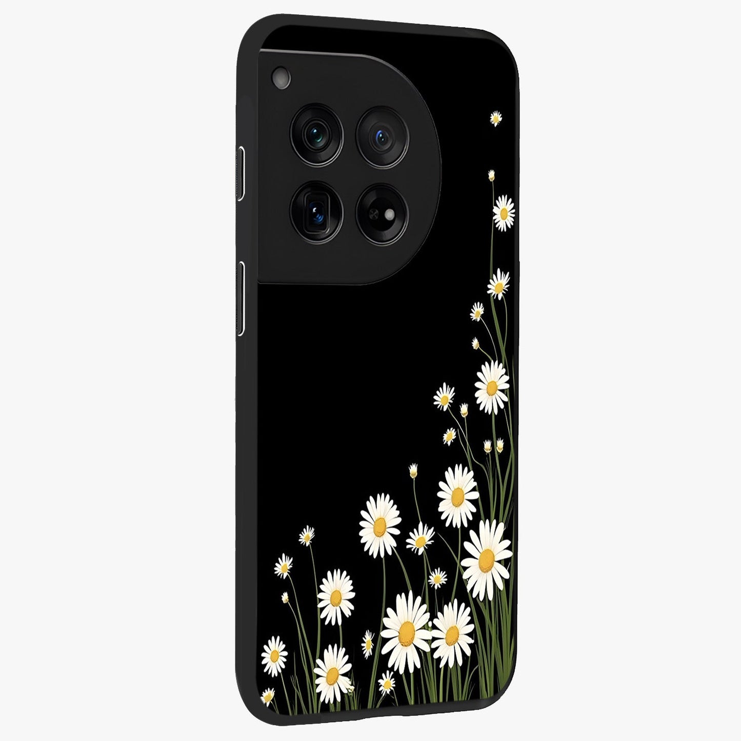 Daisy Cascade on Black Glass Case for 1+12 side perspective highlighting delicate daisy detailing and smooth edges