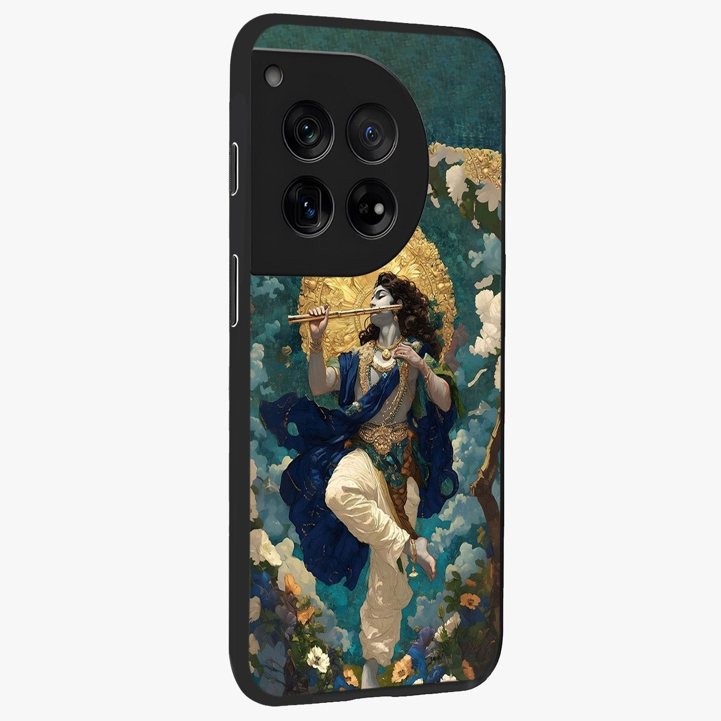 Divine Krishna Art Glass Case for 1+12 side perspective highlighting intricate divine illustration and premium edges