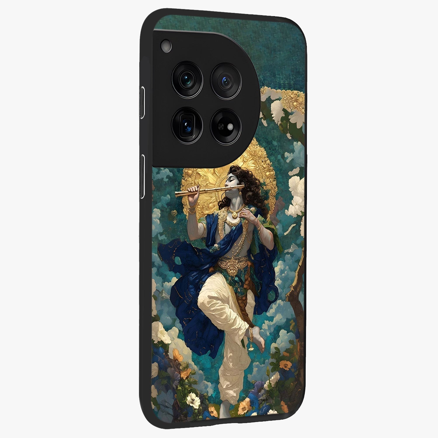 Divine Krishna Art Glass Case for 1+12 side perspective highlighting intricate divine illustration and premium edges