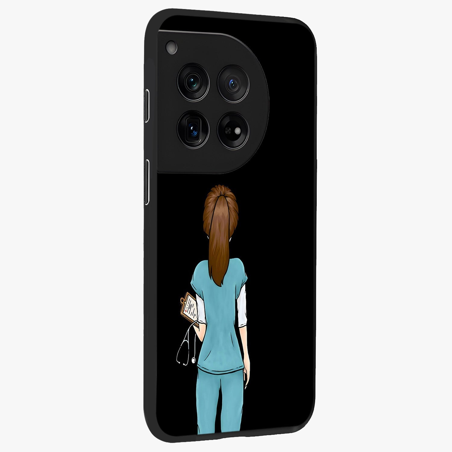 Doctor Pattern Custom Name Glass Case for 1+12 side perspective highlighting custom typography and smooth premium edges