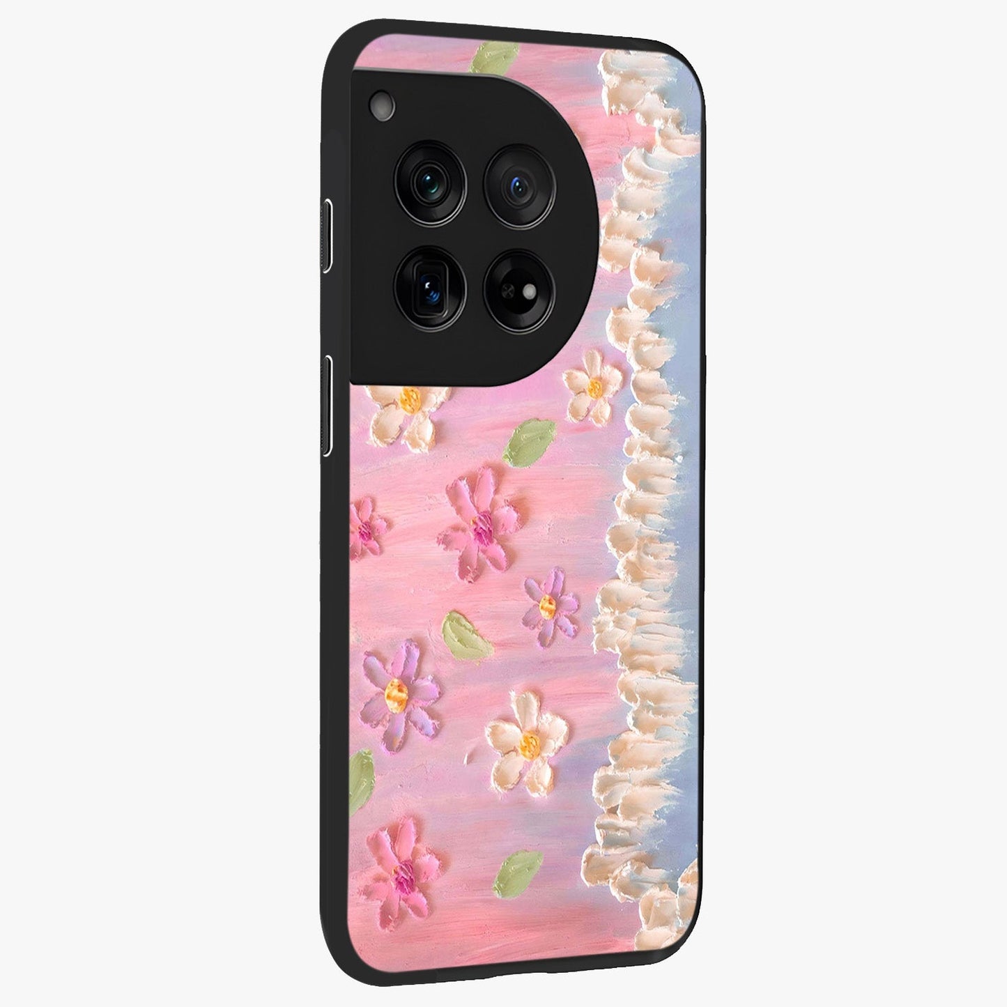 Dreamy Painted Garden Glass Case for 1+12 side perspective highlighting colorful bloom details and premium edges