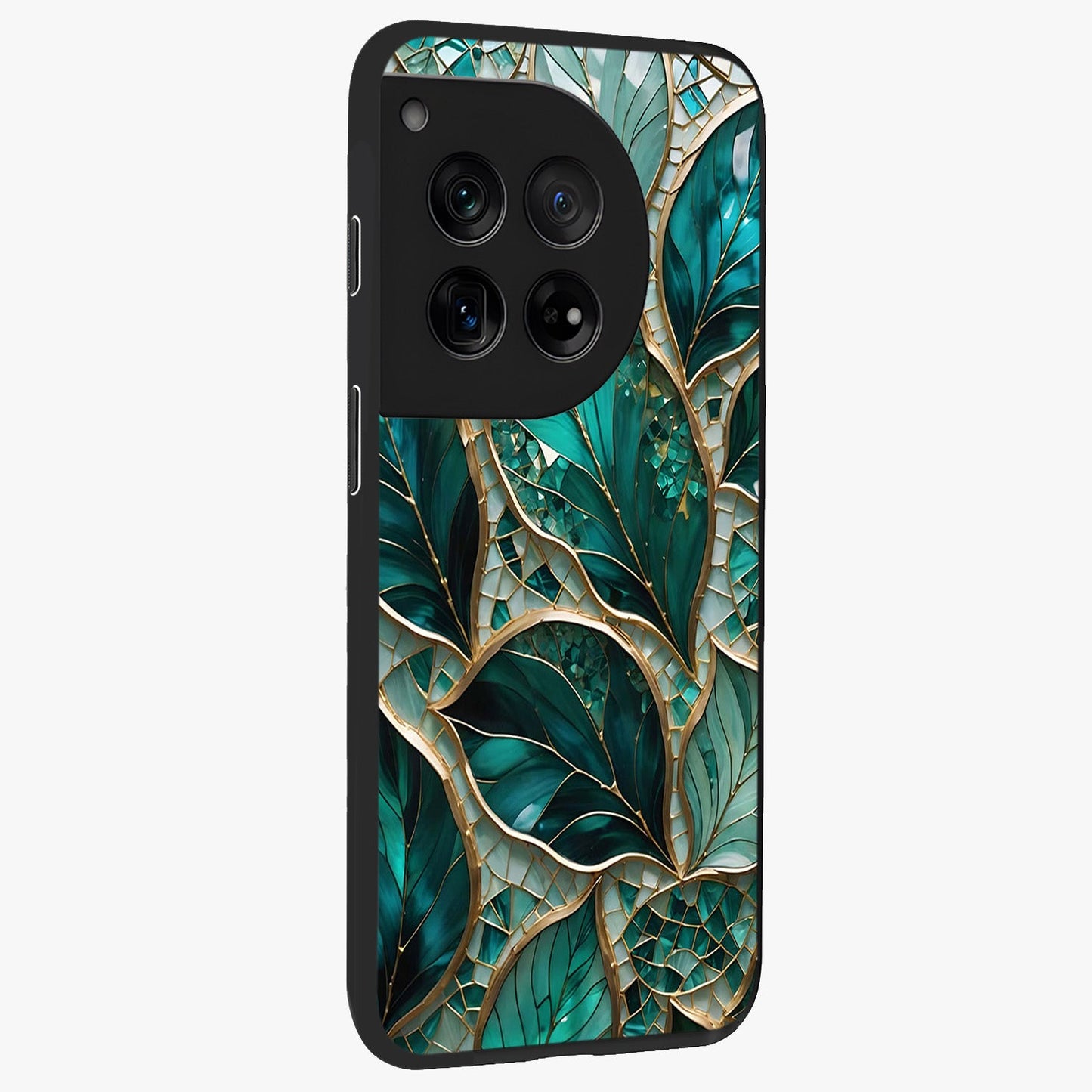 Emerald Leaf Glass Case for 1+12 side perspective highlighting refined leaf textures and sleek build