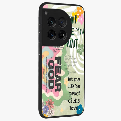 Faith Over Fear Glass Case for 1+12 side perspective highlighting powerful text detailing and premium edges