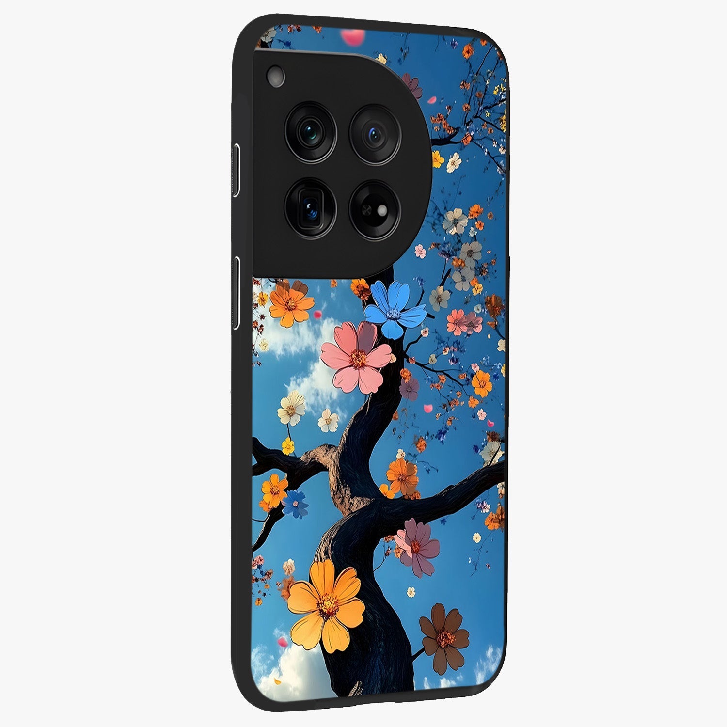Floral Tree Glass Case for 1+12 side perspective highlighting vibrant floral patterns and sleek edges