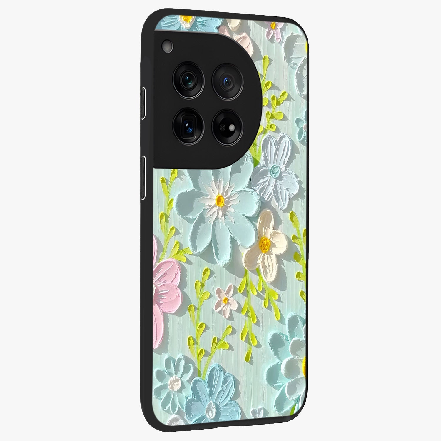Frosted Petal Garden Glass Case for 1+12 side perspective highlighting subtle petal textures and sleek premium build