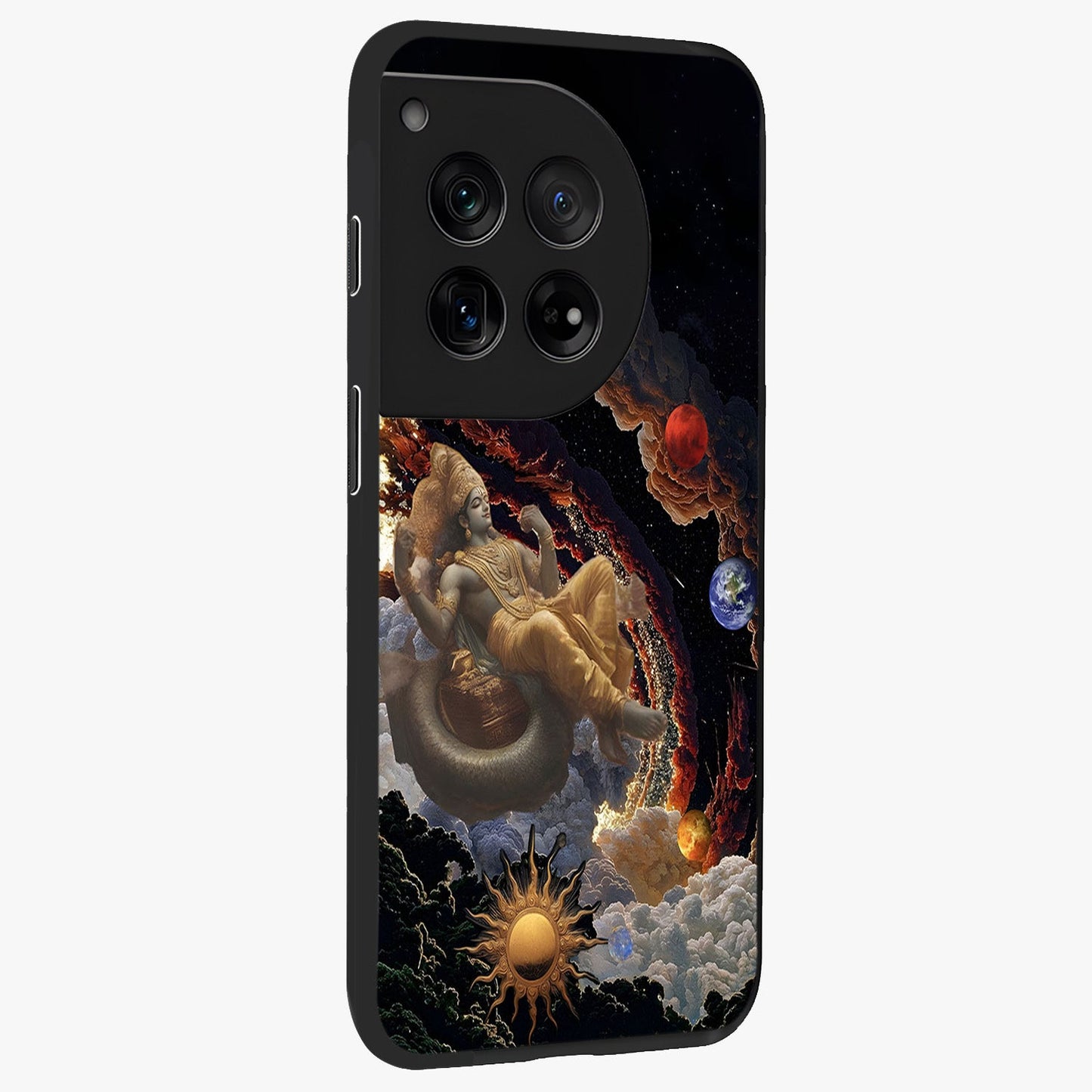 Galactic Divine God Glass Case for 1+12 side perspective highlighting intricate divine detailing and premium edge finish