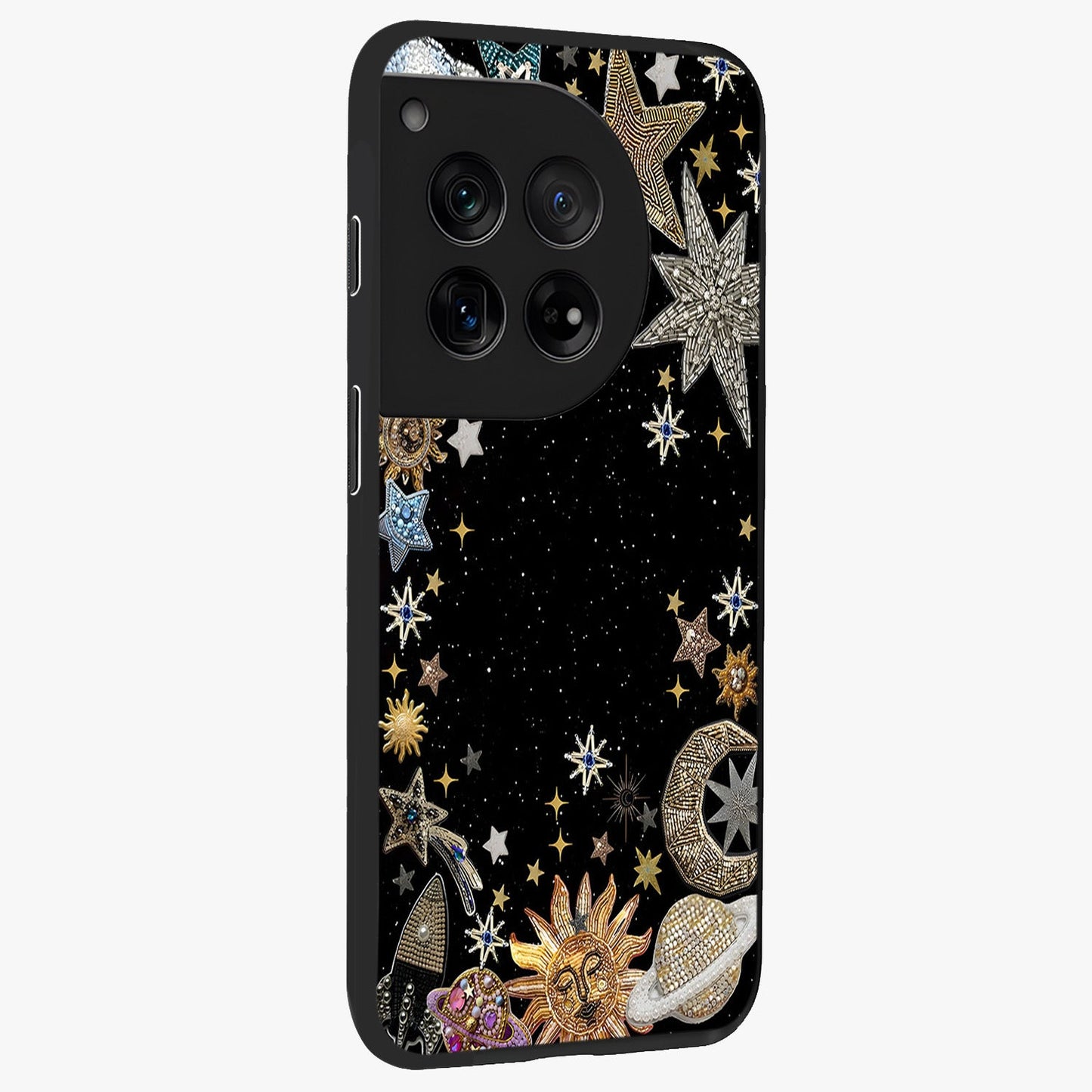 Galactic Jewel Stars Glass Case for 1+12 side perspective highlighting shimmering textures and premium edges