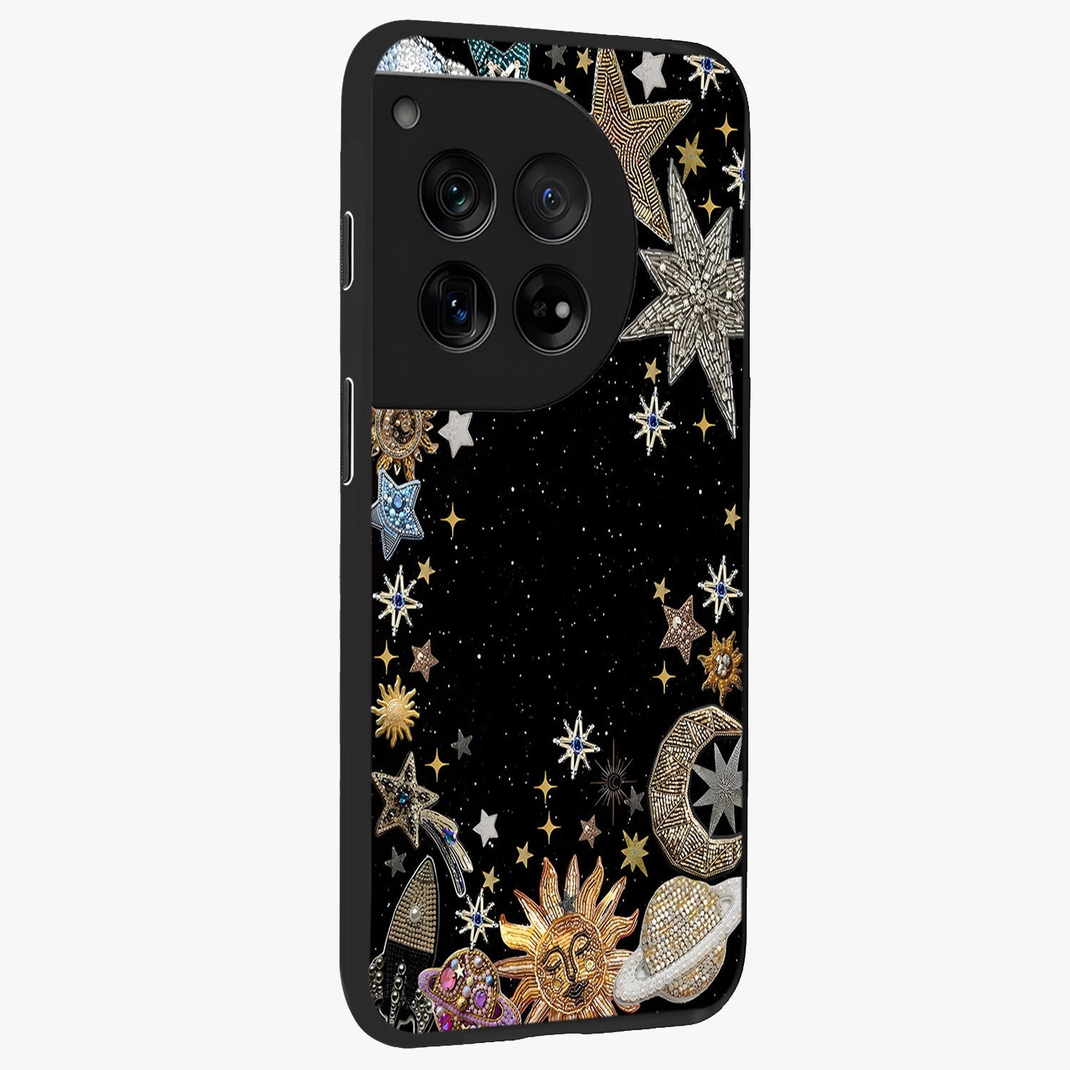 Galactic Jewel Stars Glass Case for 1+12 side perspective highlighting shimmering textures and premium edges