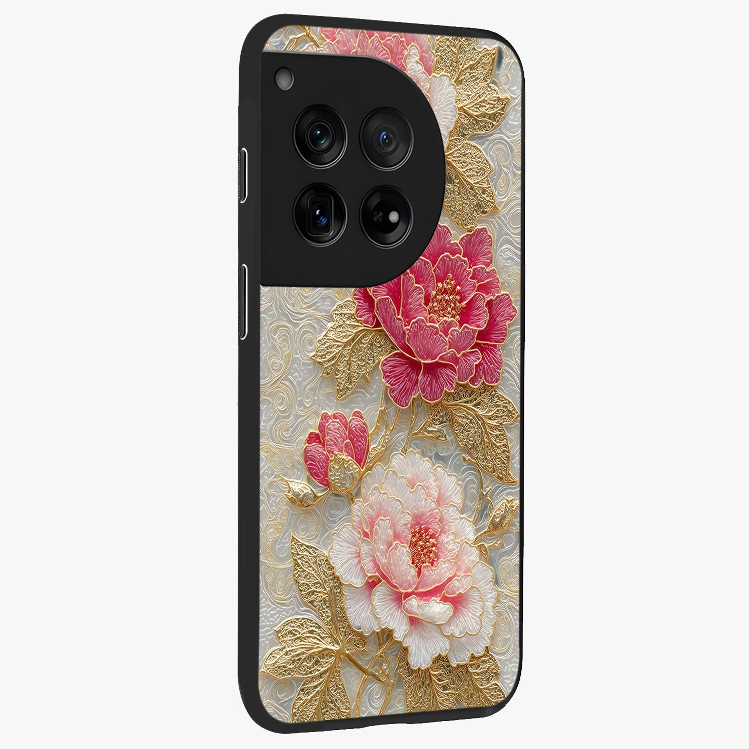 Golden Celestial Charm Glass Case for 1+12 side perspective highlighting luminous detailing and premium edge finish