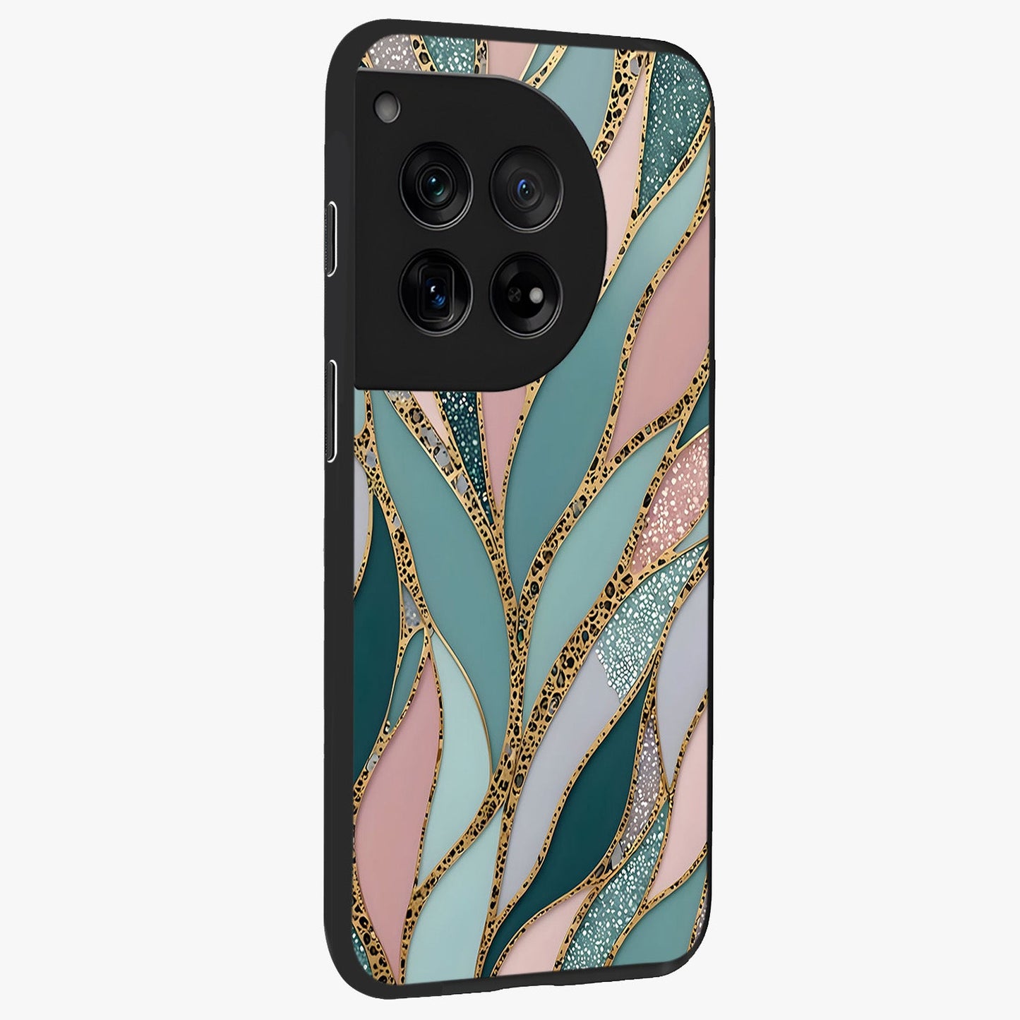 Golden Lotus Glow Glass Case for 1+12 side perspective highlighting intricate lotus detailing and premium edge finish
