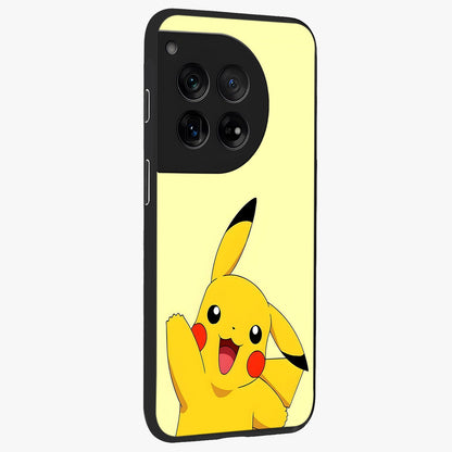 Happy Electric Pikachu Glass Case for 1+12 side perspective highlighting lively character detailing and sleek build
