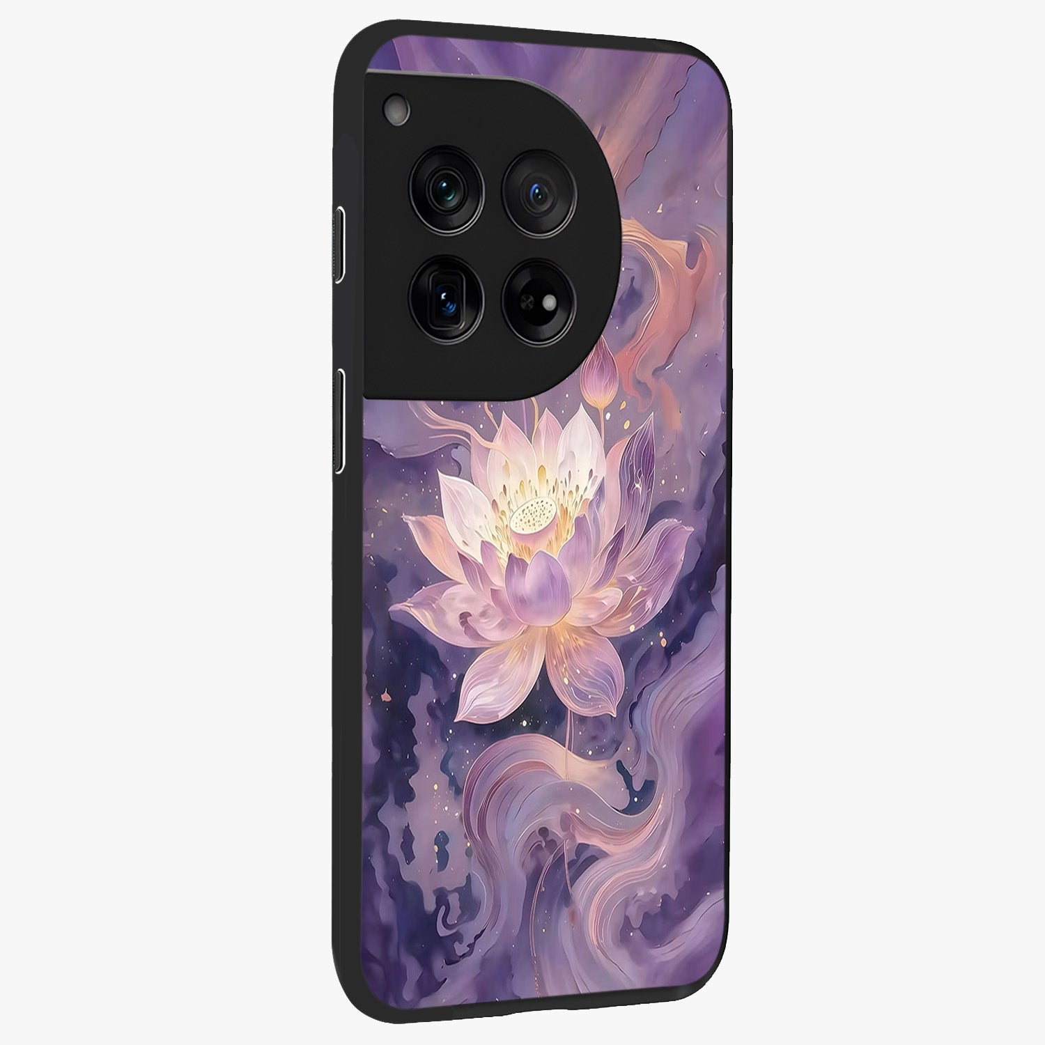 Lavender Lotus Muse Glass Case for 1+12 side perspective highlighting serene lotus textures and premium edges