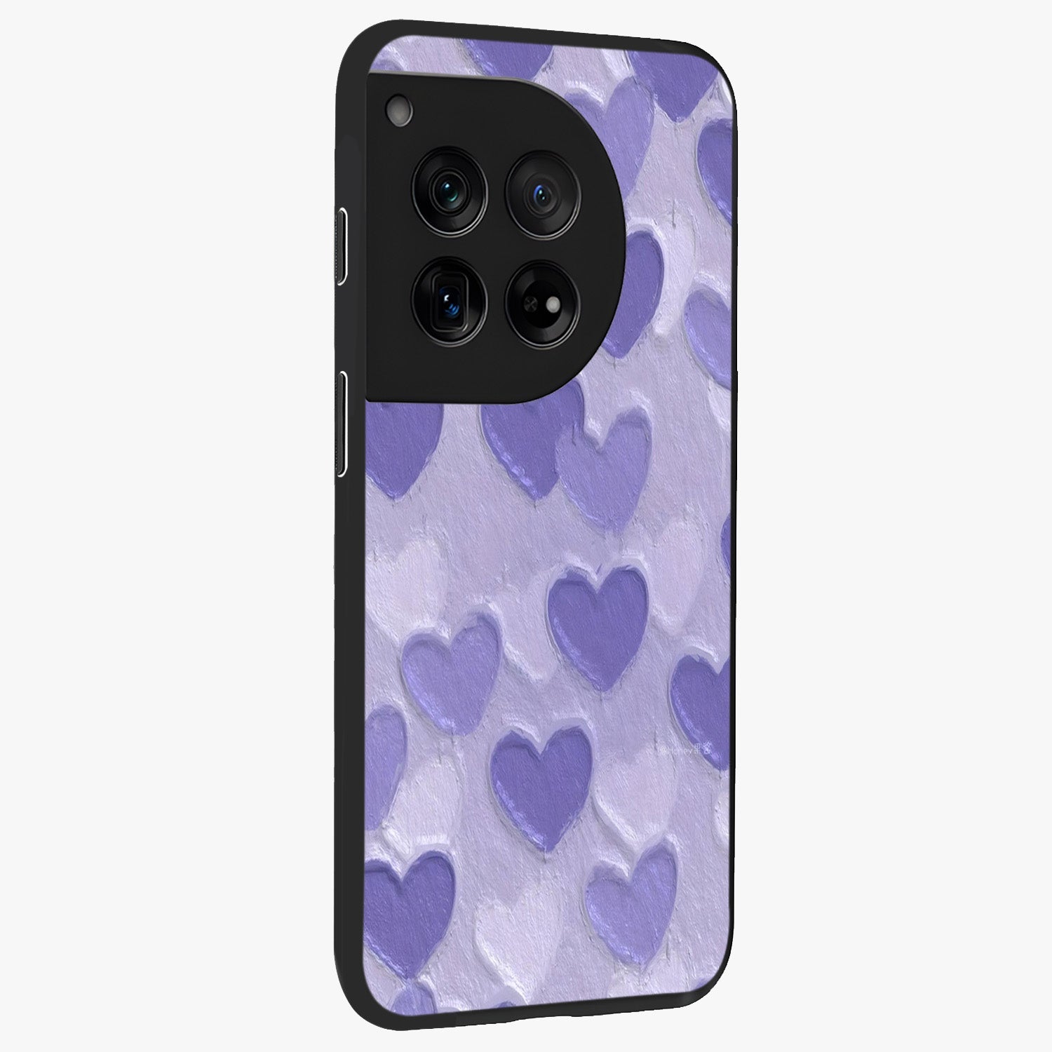Lavender Paper Hearts Glass Case for 1+12 side perspective highlighting delicate heart textures and sleek build