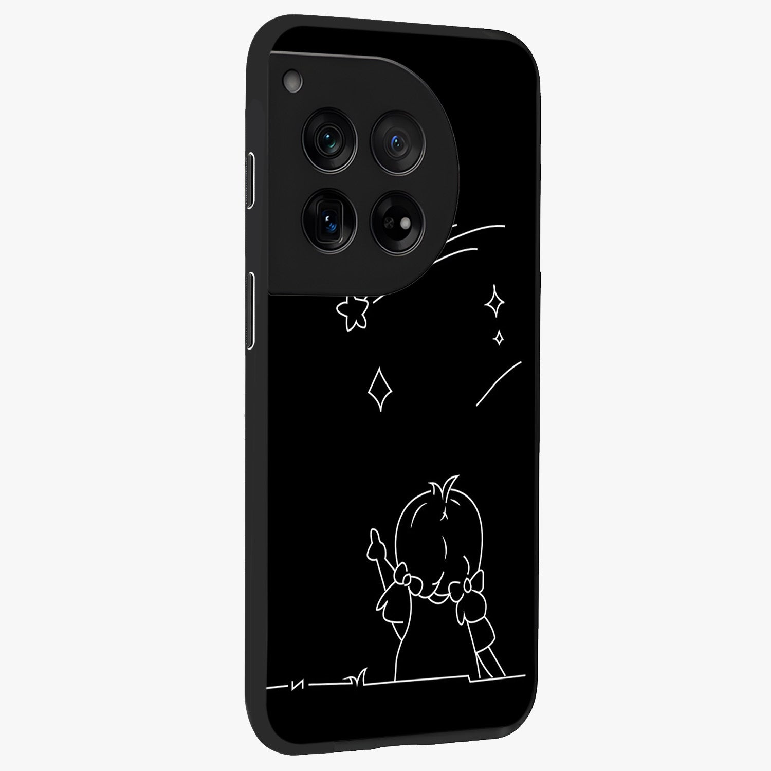 Line Art Girl With Shooting Stars Glass Case for 1+12 side perspective highlighting subtle star textures and premium build