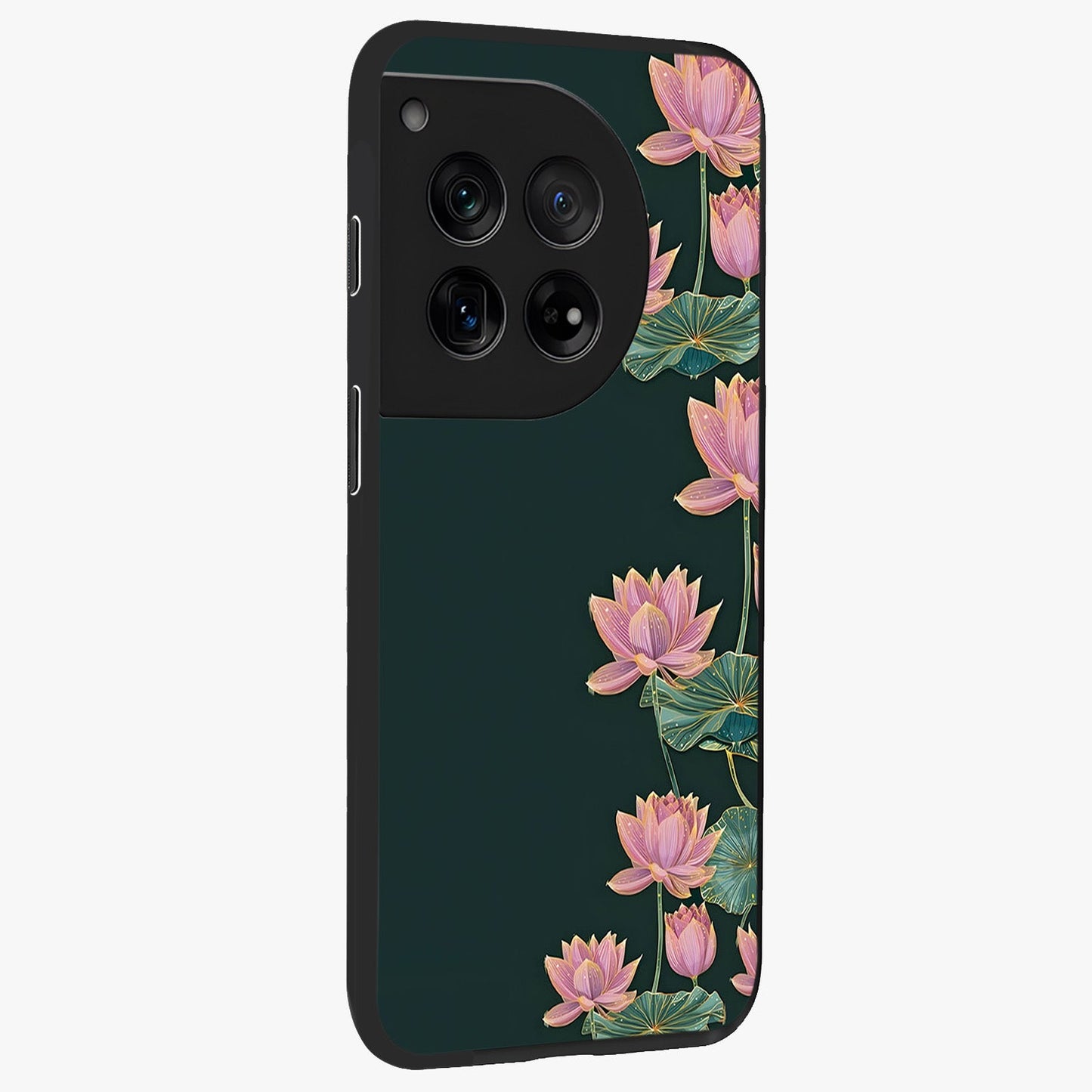 Lotus Bloom Serenity Glass Case for 1+12 side perspective highlighting delicate petal textures and premium edges