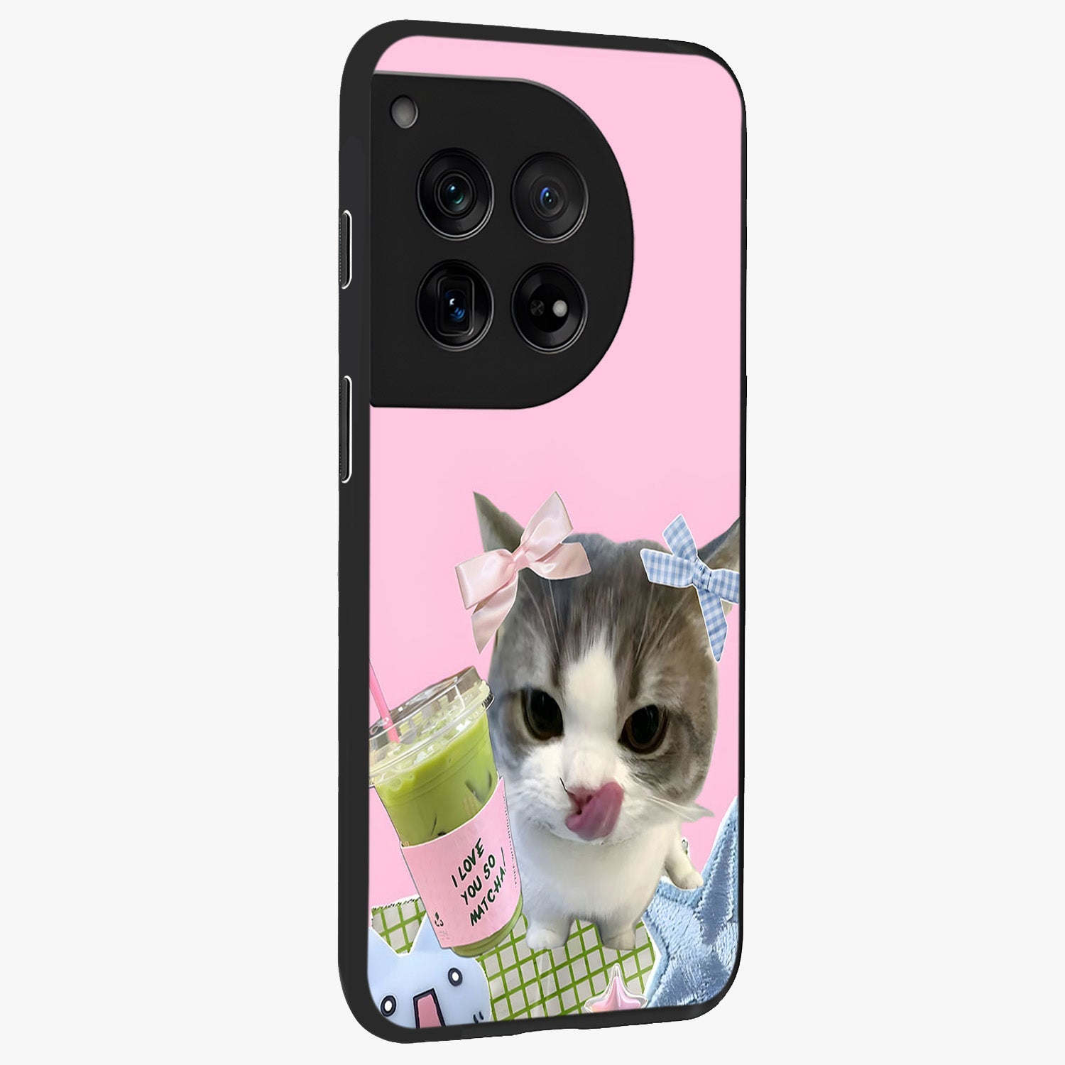 Love Matcha Cat Glass Case for 1+12 side perspective highlighting charming feline textures and smooth edges