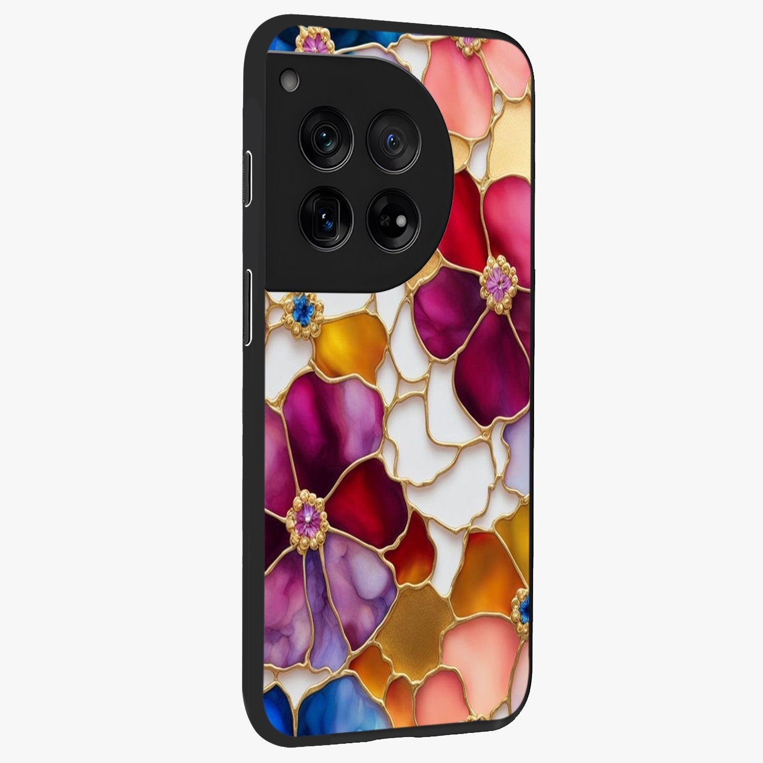 Marble Flower Pattern Glass Case for 1+12 side perspective highlighting elegant marble textures and sleek build