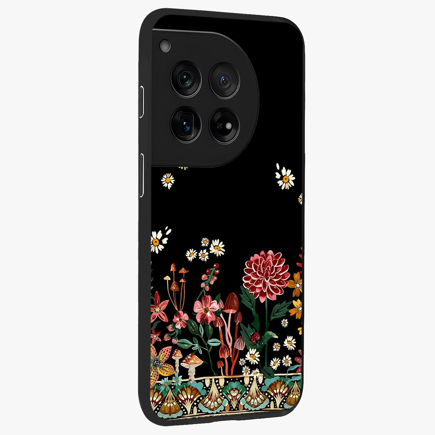 Midnight Bloom Pattern Glass Case for 1+12 side perspective highlighting intricate floral textures and premium edges