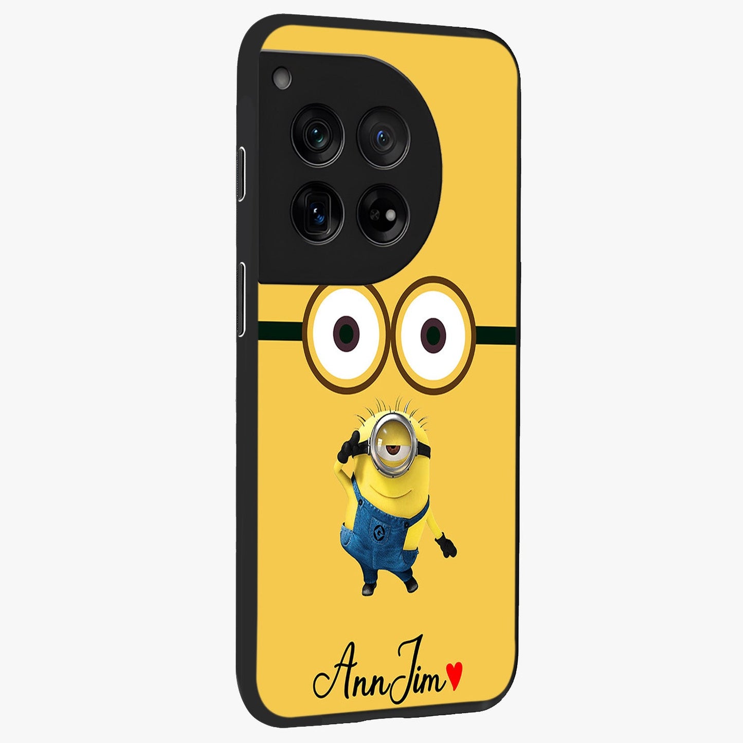 Minion Custom Name Glass Case for 1+12 side perspective highlighting custom typography and smooth premium build