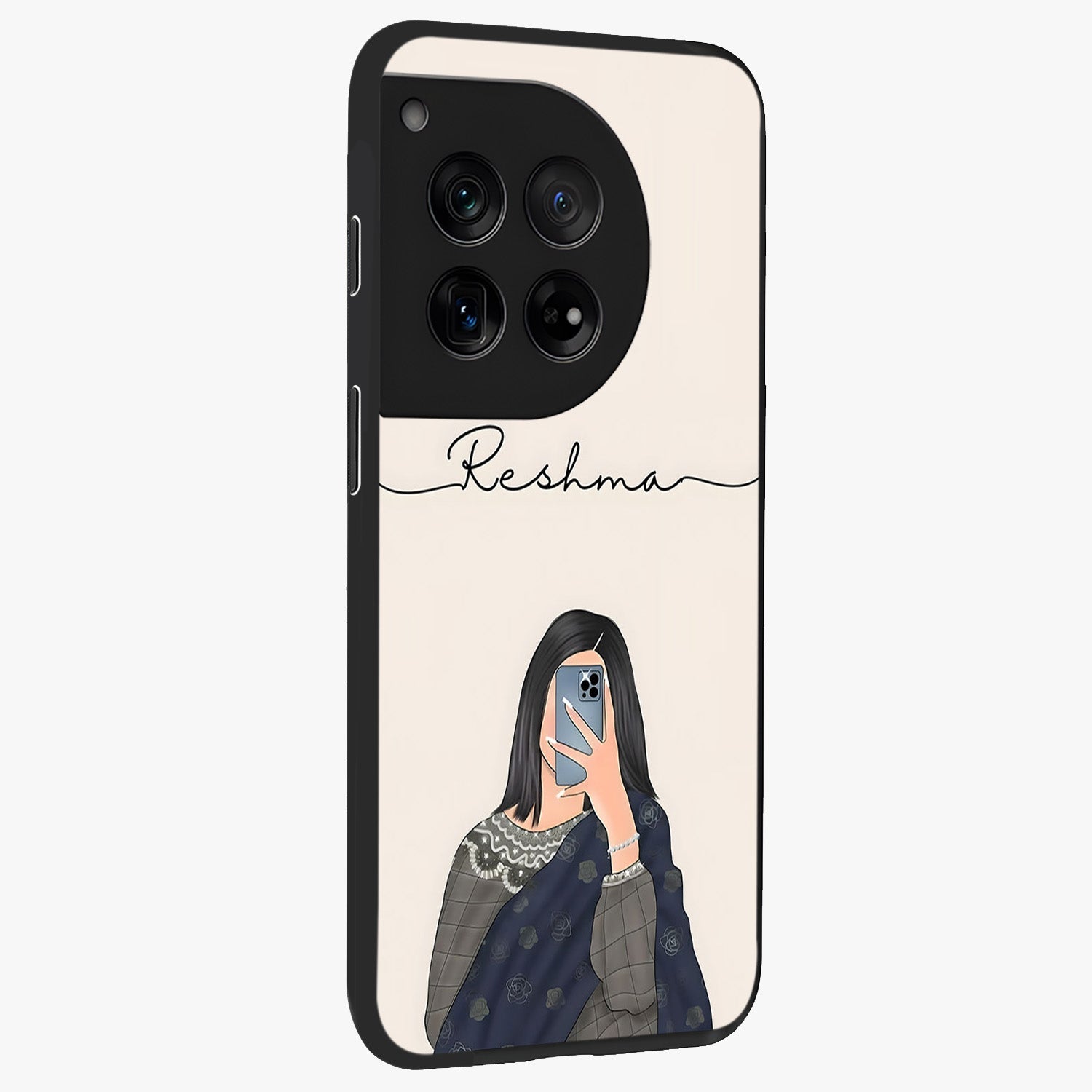 Mirror Mood Muse With Custom Name Glass Case for 1+12 side perspective highlighting custom text detailing and premium edges
