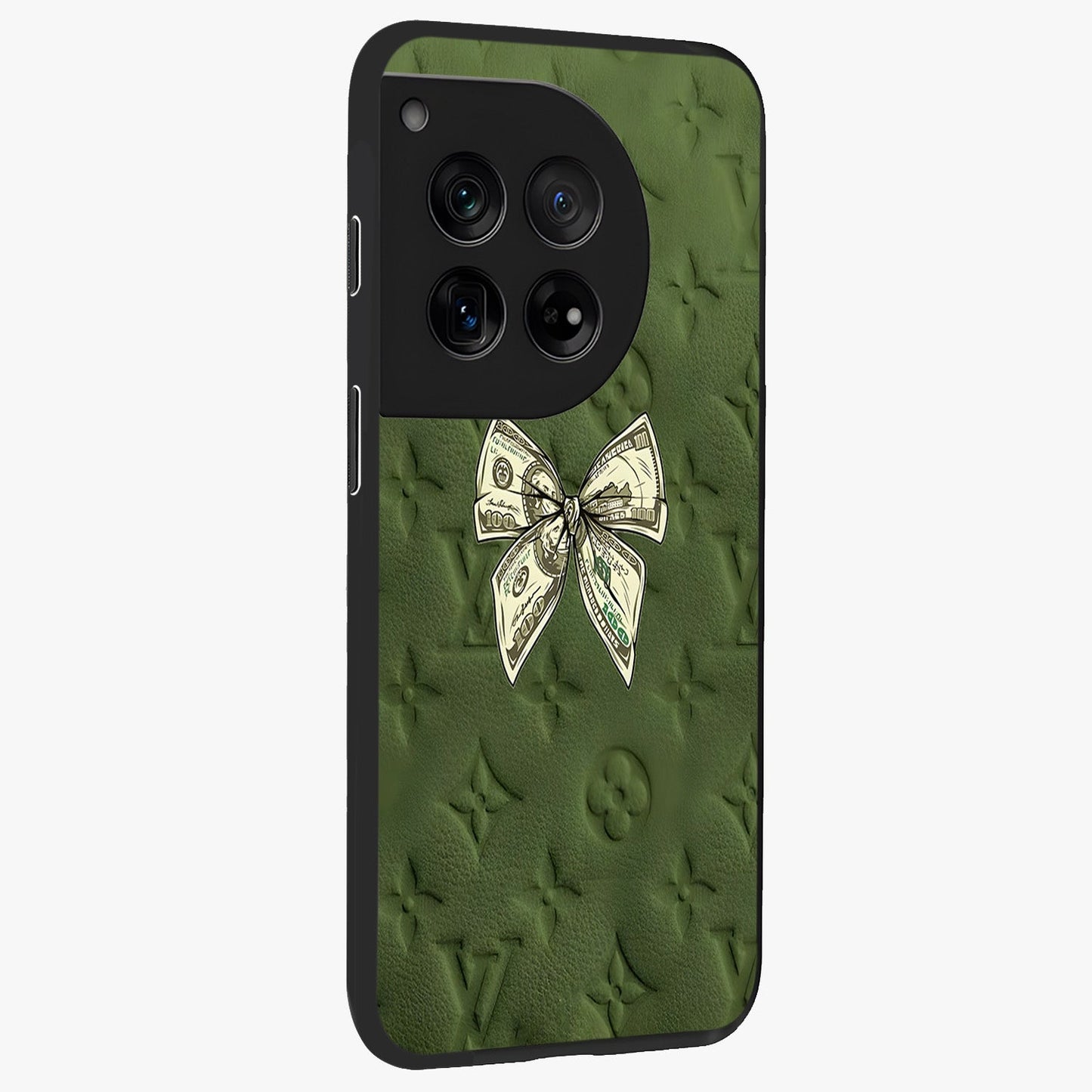 Money Bow Lv Glass Case for 1+12 side perspective highlighting stylish textures and sleek build