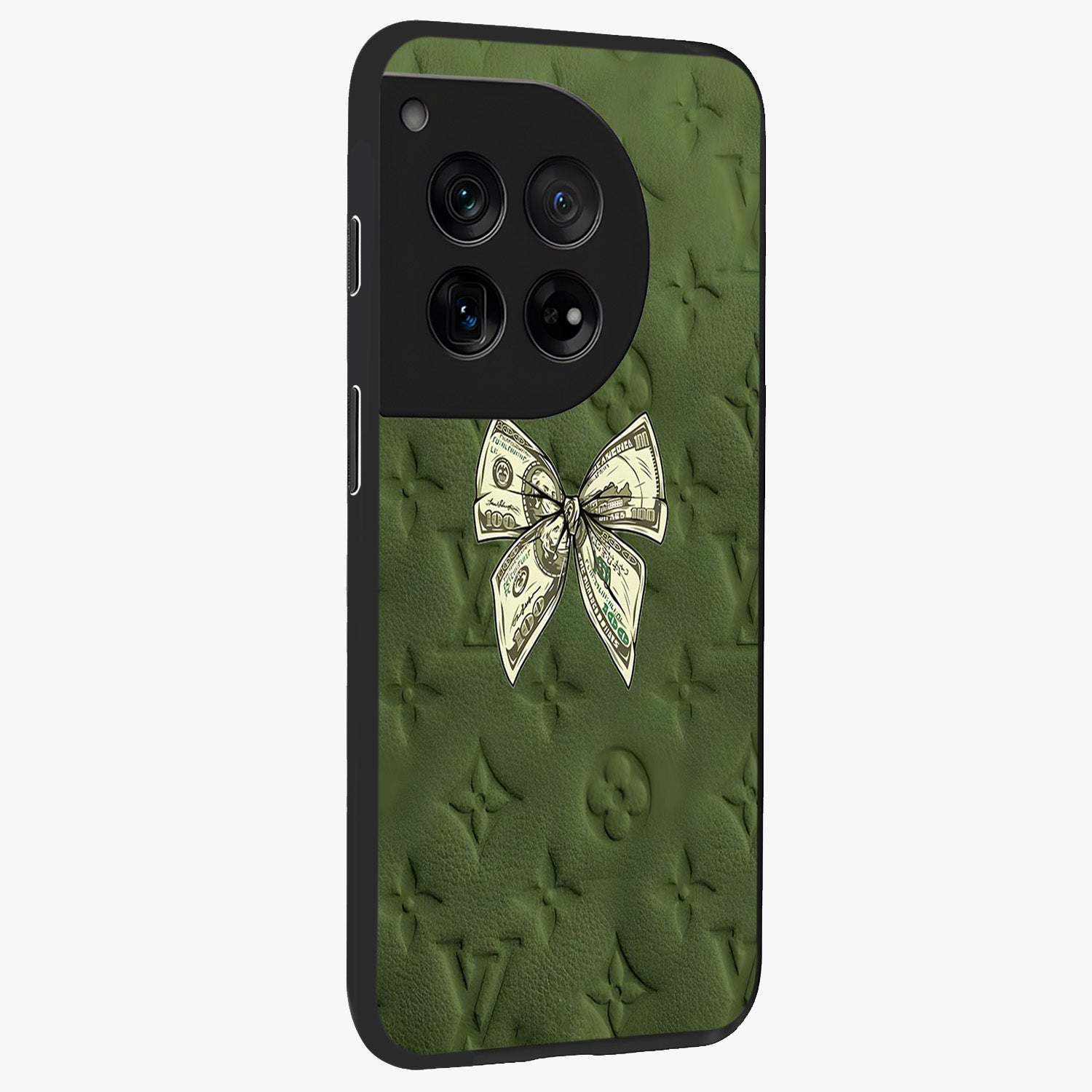 Money Bow Lv Glass Case for 1+12 side perspective highlighting stylish textures and sleek build