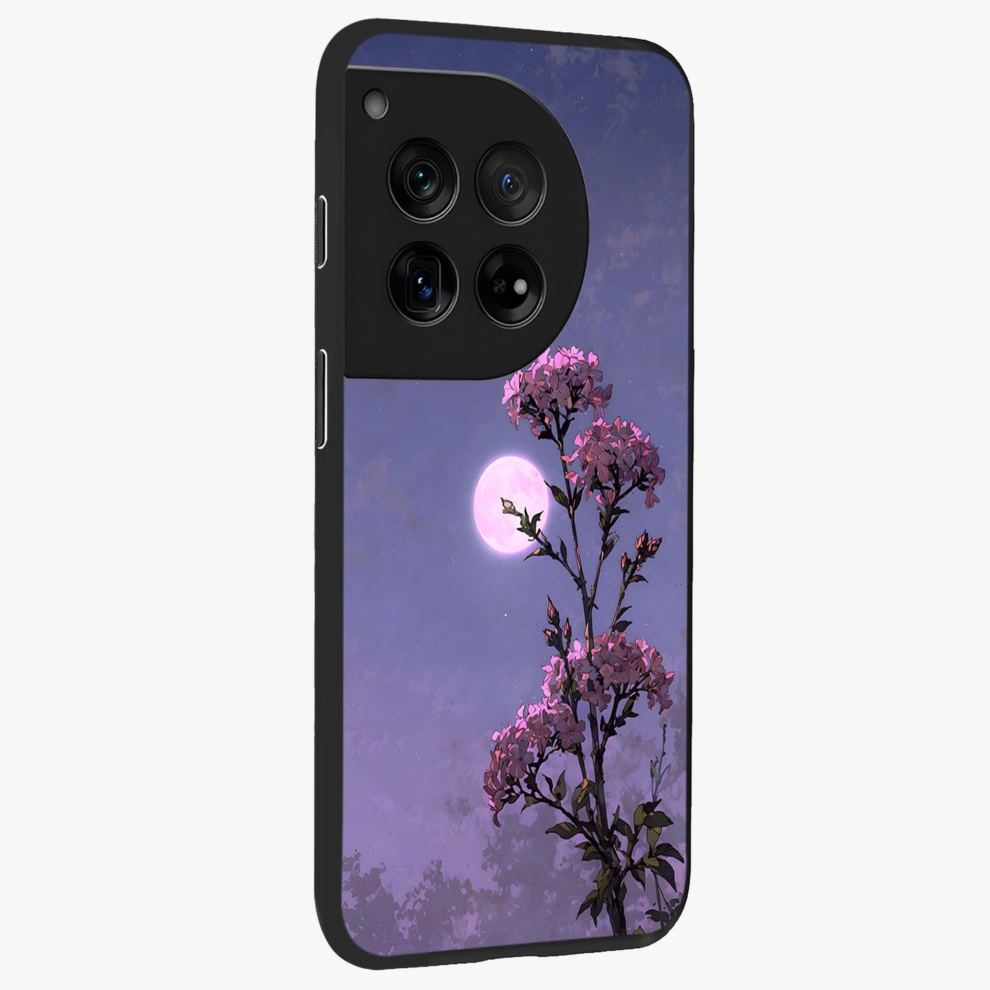Moonlit Petal Night Glass Case for 1+12 side perspective highlighting graceful petal textures and smooth build