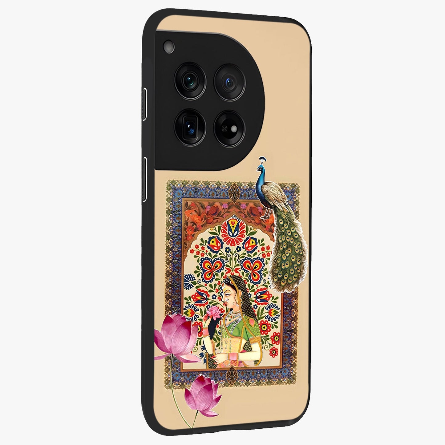 Mughal Princess and Peacock Glass Case for 1+12 side perspective highlighting detailed cultural textures and smooth premium build