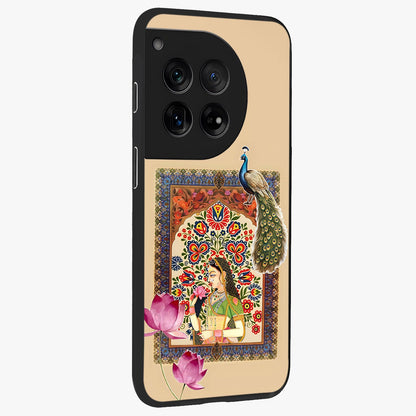 Mughal Princess and Peacock Glass Case for 1+12 side perspective highlighting detailed cultural textures and smooth premium build