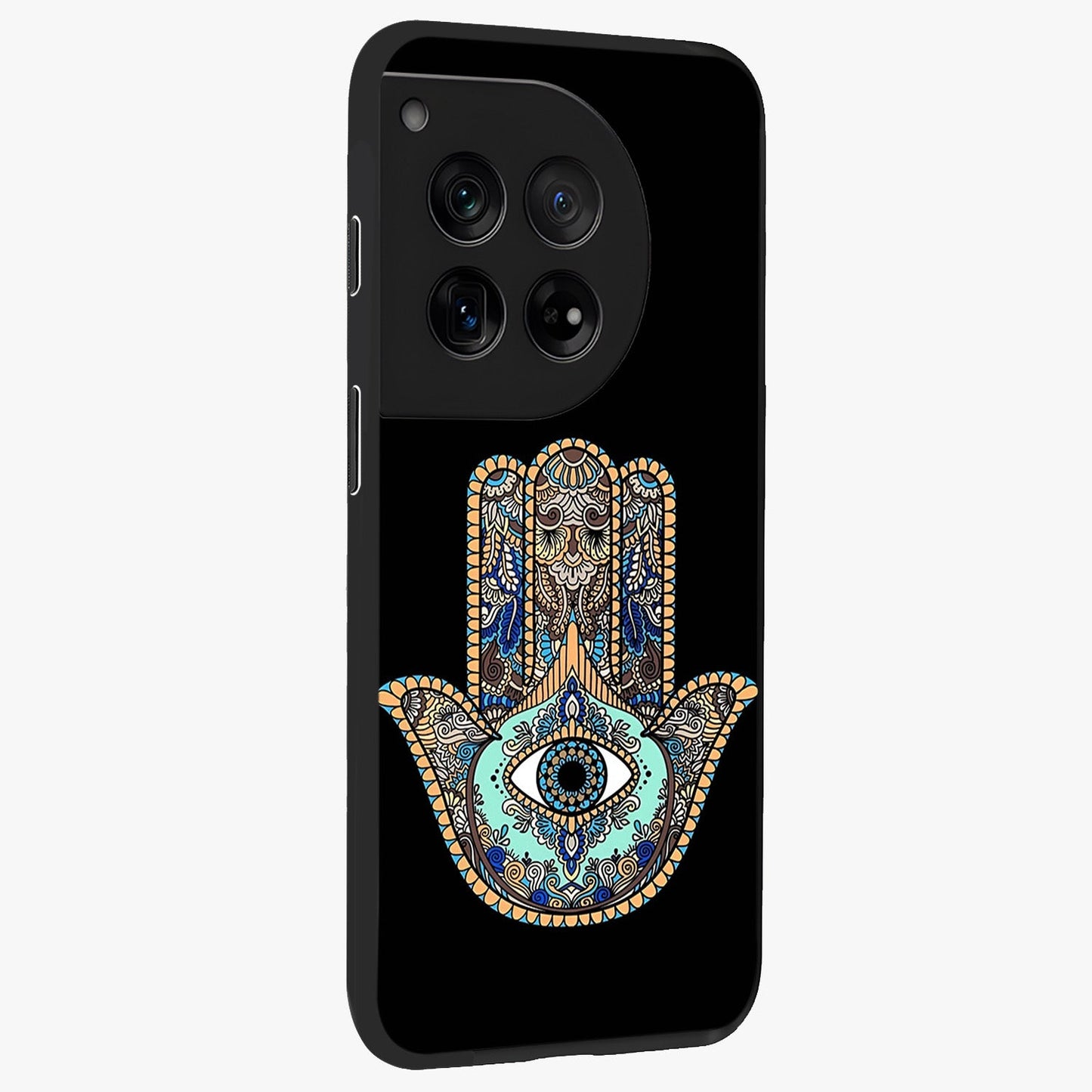 Mystic Hamsa Eye Glass Case for 1+12 side perspective highlighting ornate textures and premium edges