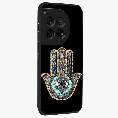 Mystic Hamsa Eye Glass Case for 1+12 side perspective highlighting ornate textures and premium edges