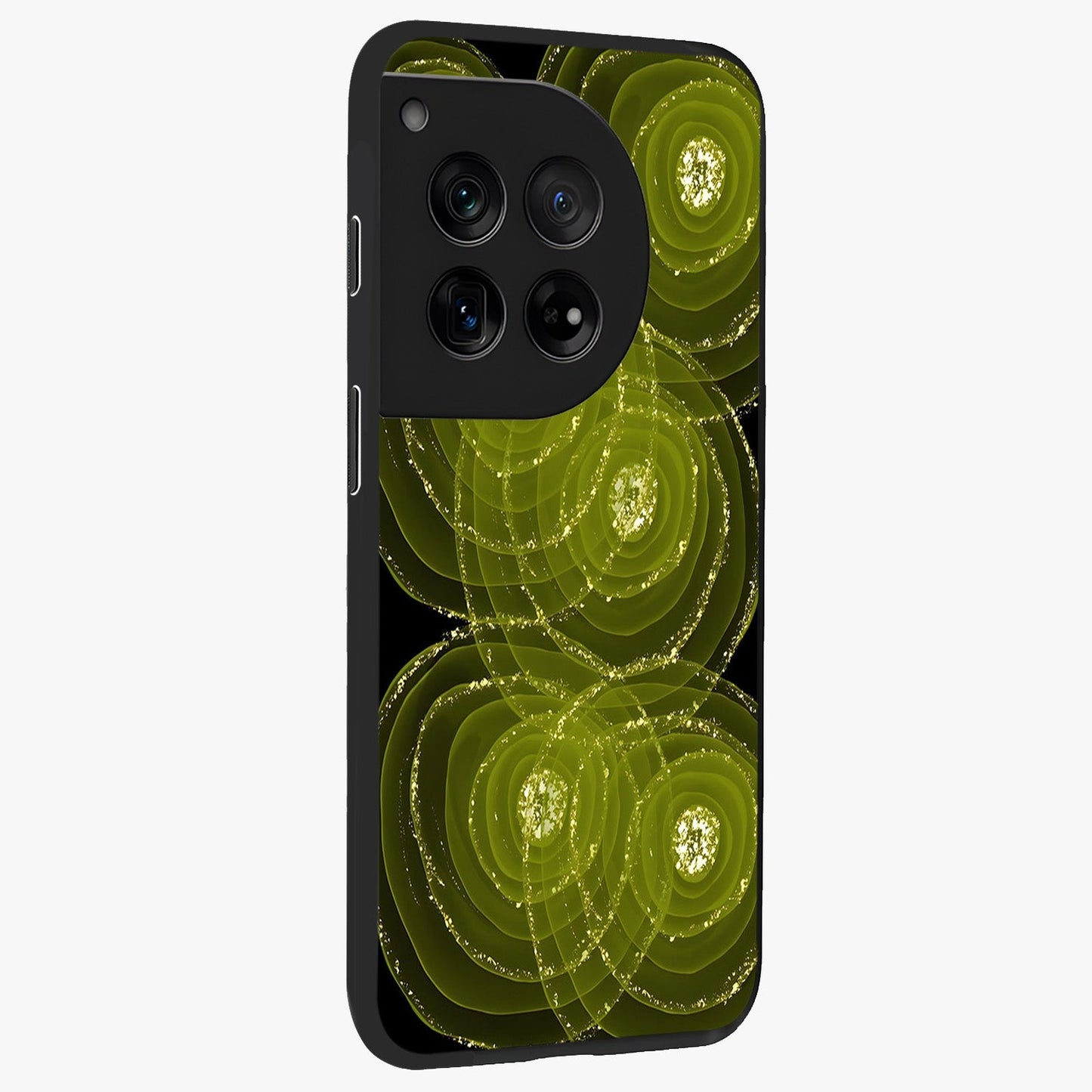 Neon Orbit Bloom Marble Glass Case for 1+12 side perspective highlighting luminous textures and premium edges