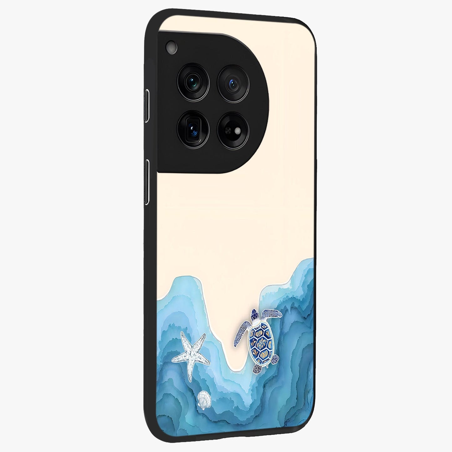 Ocean Drift Turtle Glass Case for 1+12 side perspective highlighting aquatic textures and premium edges