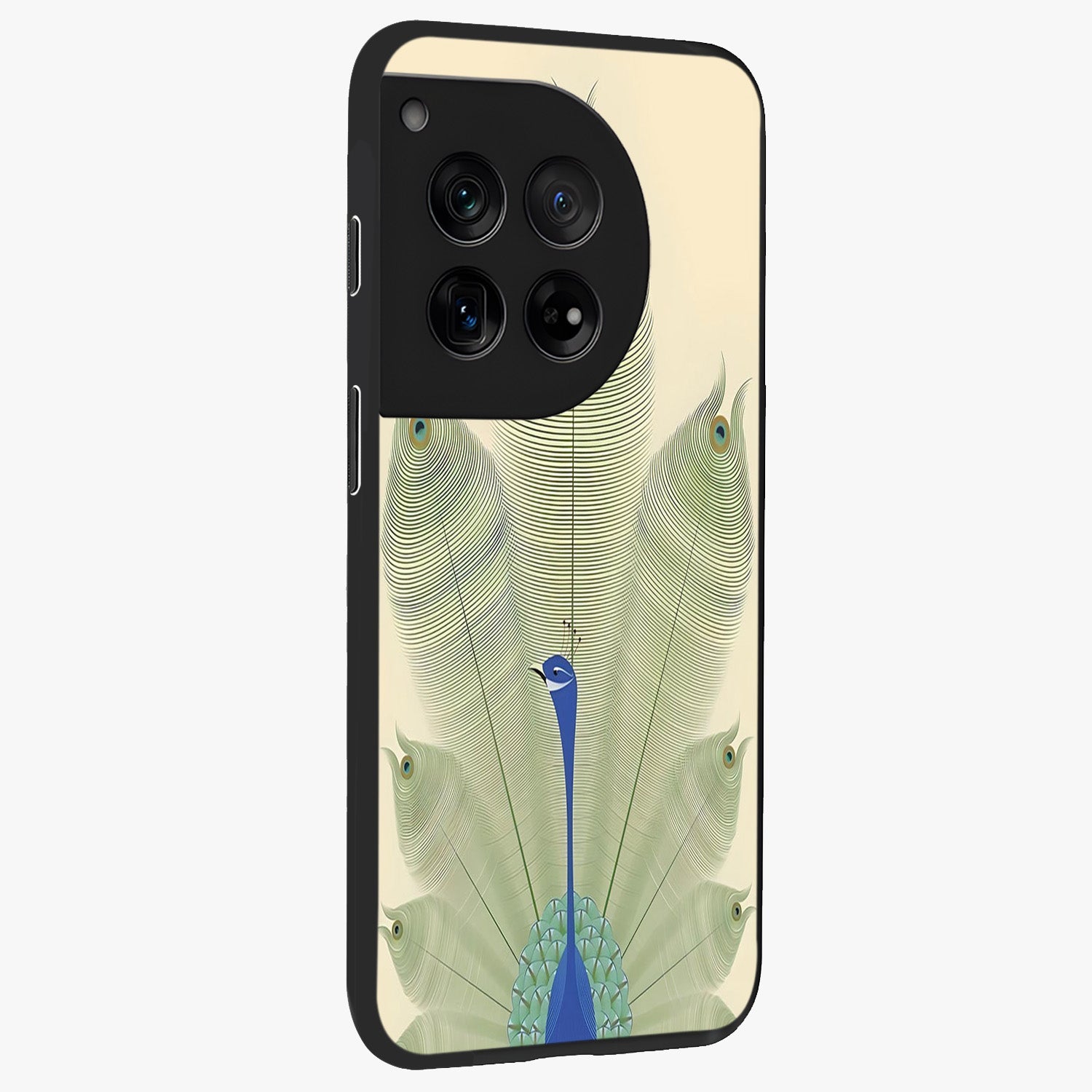 Peacock Feather Grace Glass Case for 1+12 side perspective highlighting intricate plume textures and premium edges