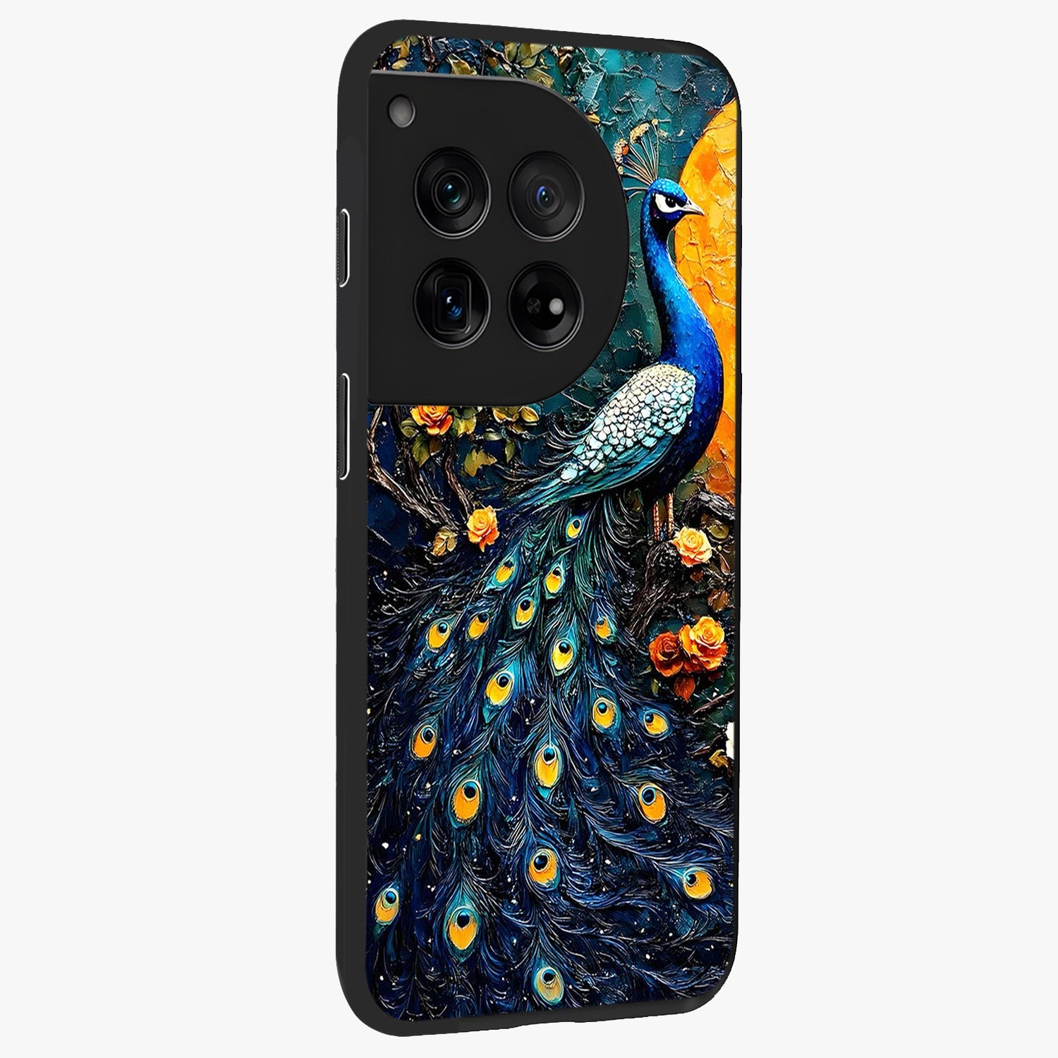 Peacock With Yellow Moon Glass Case for 1+12 side perspective highlighting vibrant plumage detailing and premium edges