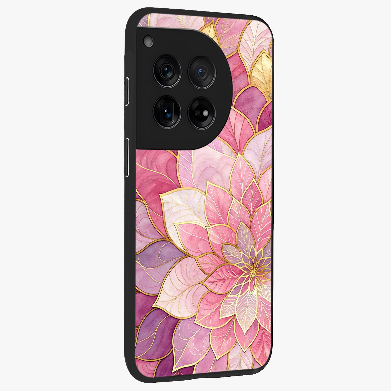 Petal Luxe Bloom Glass Case for 1+12 side perspective highlighting elegant textures and premium edge finish