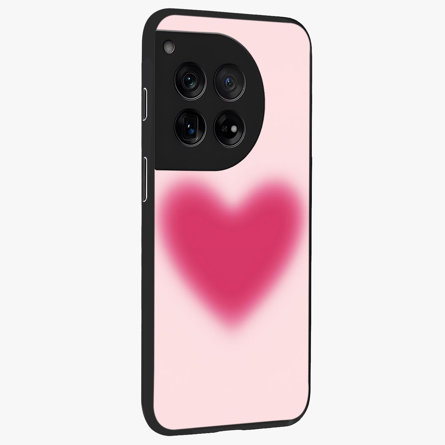 Pink Aura Heart Glass Case for 1+12 side perspective highlighting smooth gradients and premium edges