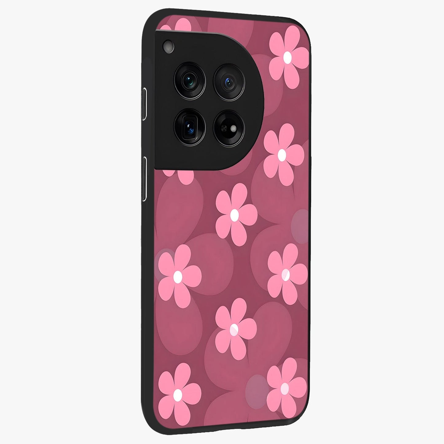 Pink Daisy Flower Pattern Glass Case for 1+12 side perspective highlighting bright floral textures and smooth build