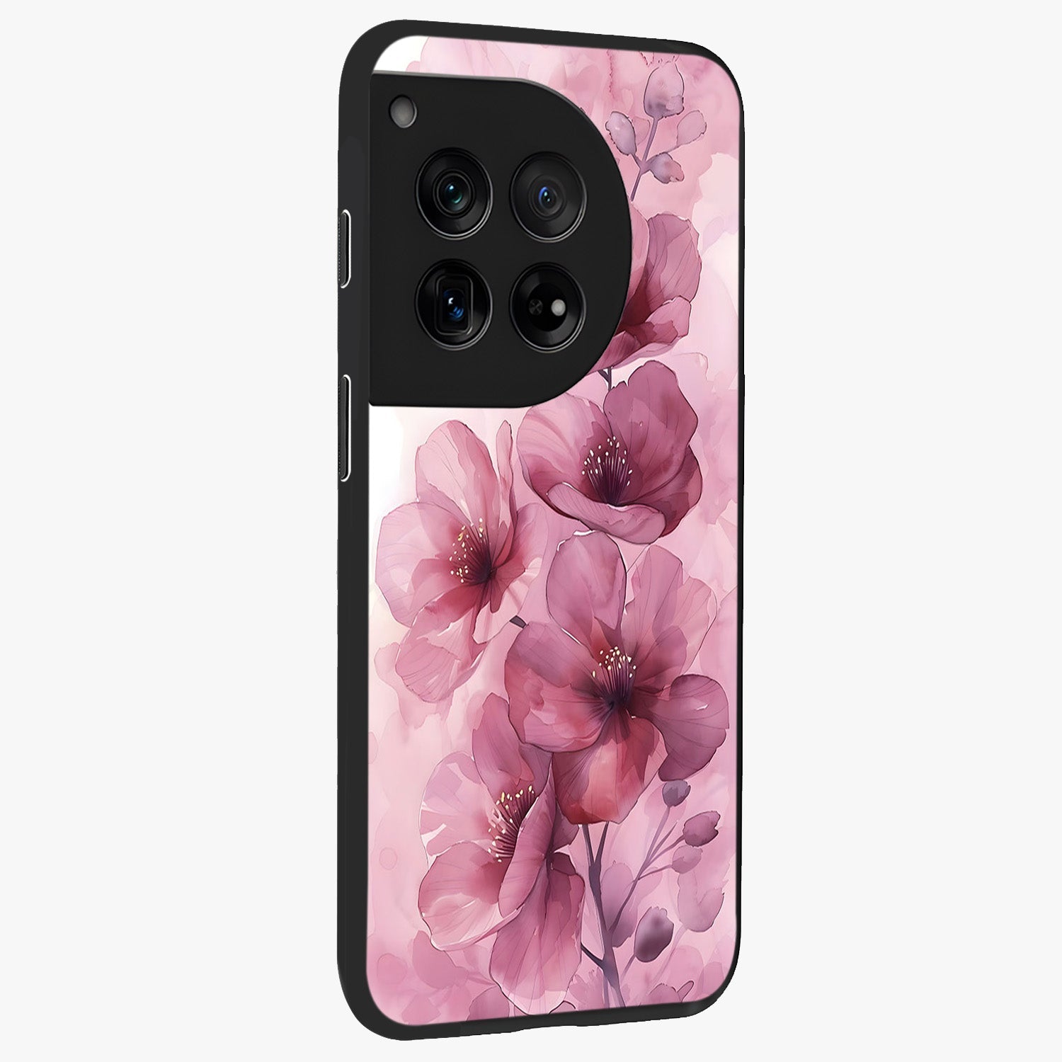 Pink Floral Glass Case for 1+12 side perspective highlighting subtle floral textures and premium edges
